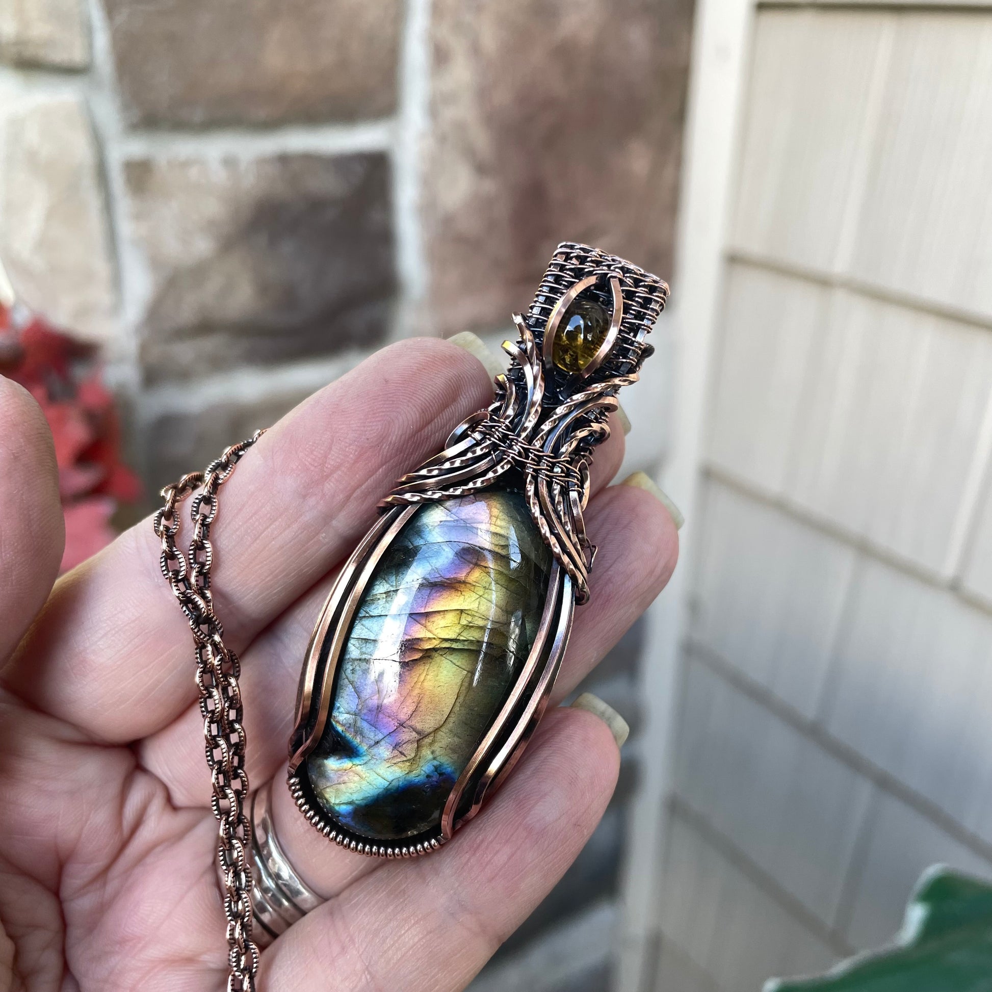 Rainbow Labradorite & Citrine Copper Necklace with Woven Bail