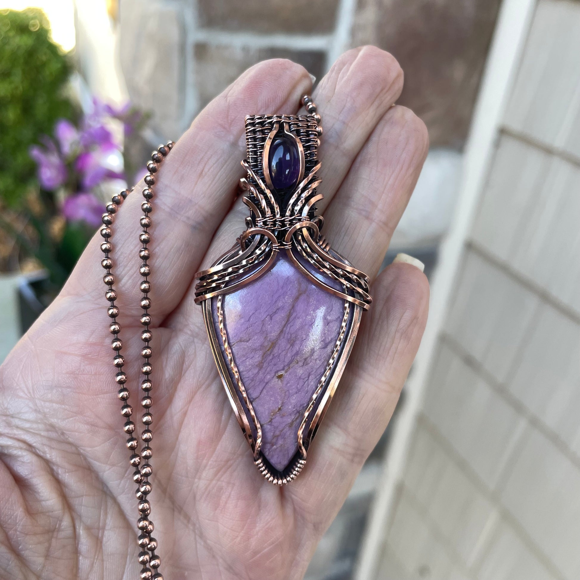 Phosphosiderite & Amethyst Copper Pendant with Weaving