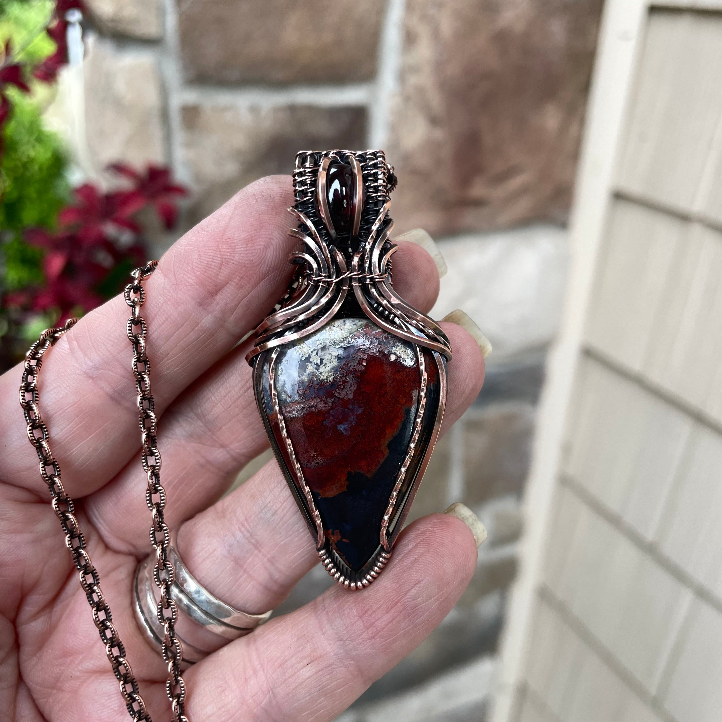 Maroon Crazy Lace Agate & Garnet Copper Pendant