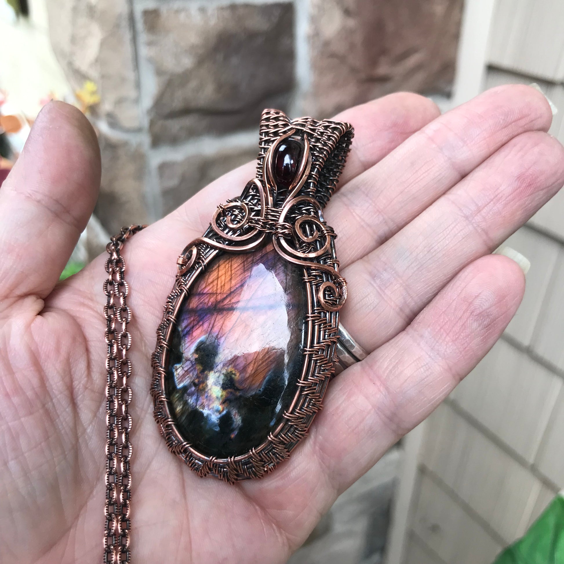 Maroon Amber Labradorite & Garnet Copper Woven Pendant