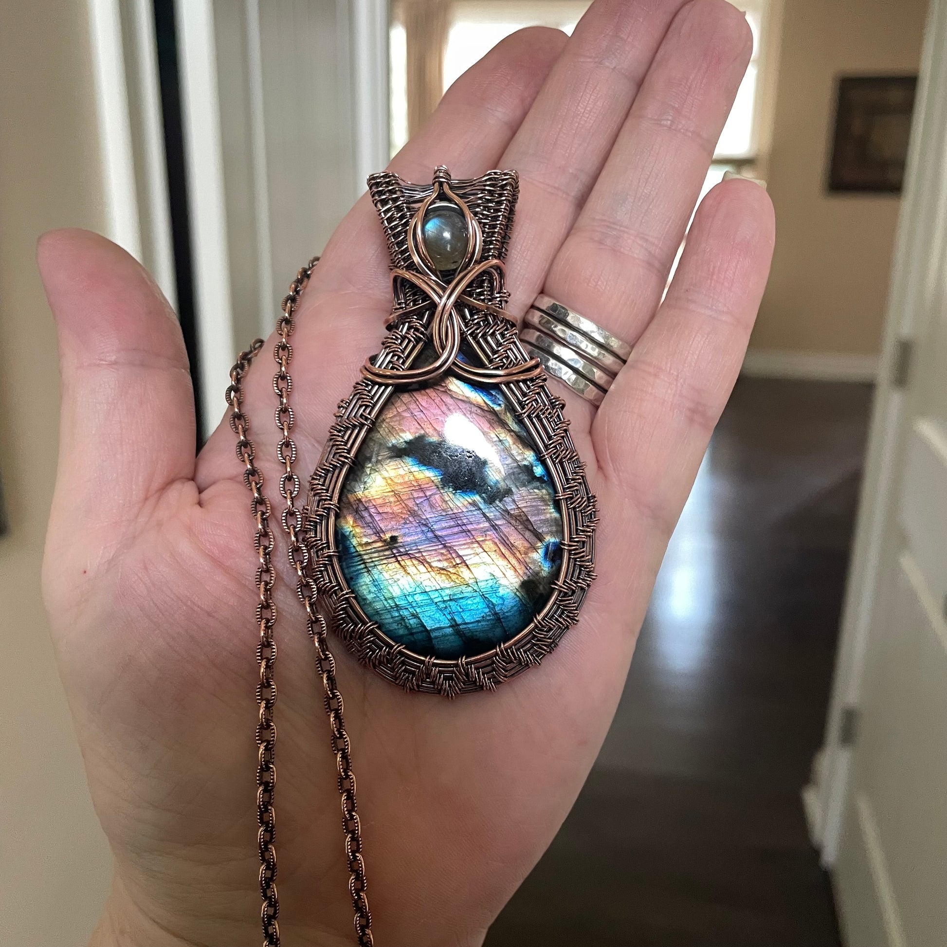Rainbow Labradorite & Blue Labradorite Accent Woven Copper Pendant