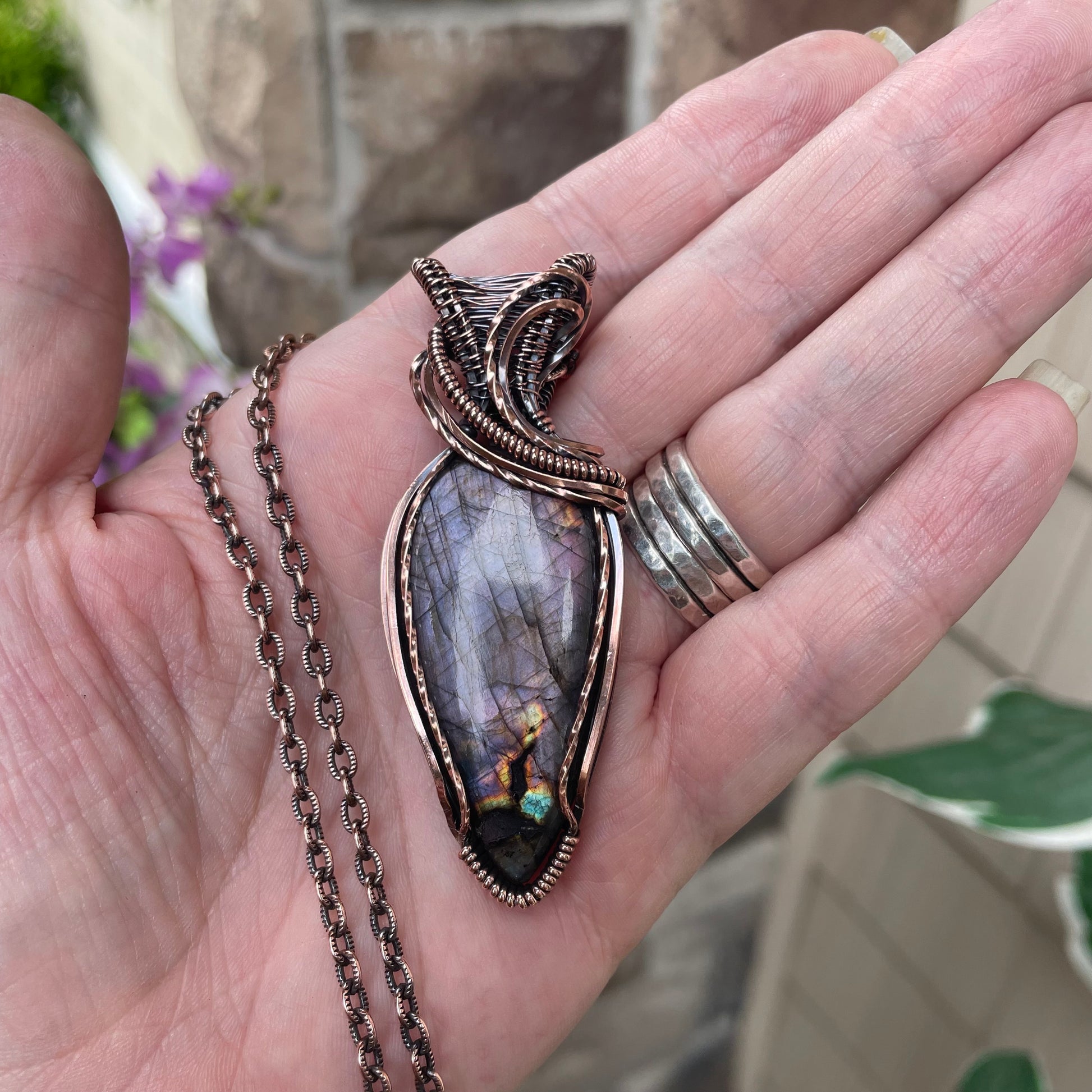 Purple Shimmer Labradorite Copper Necklace with Woven Bail