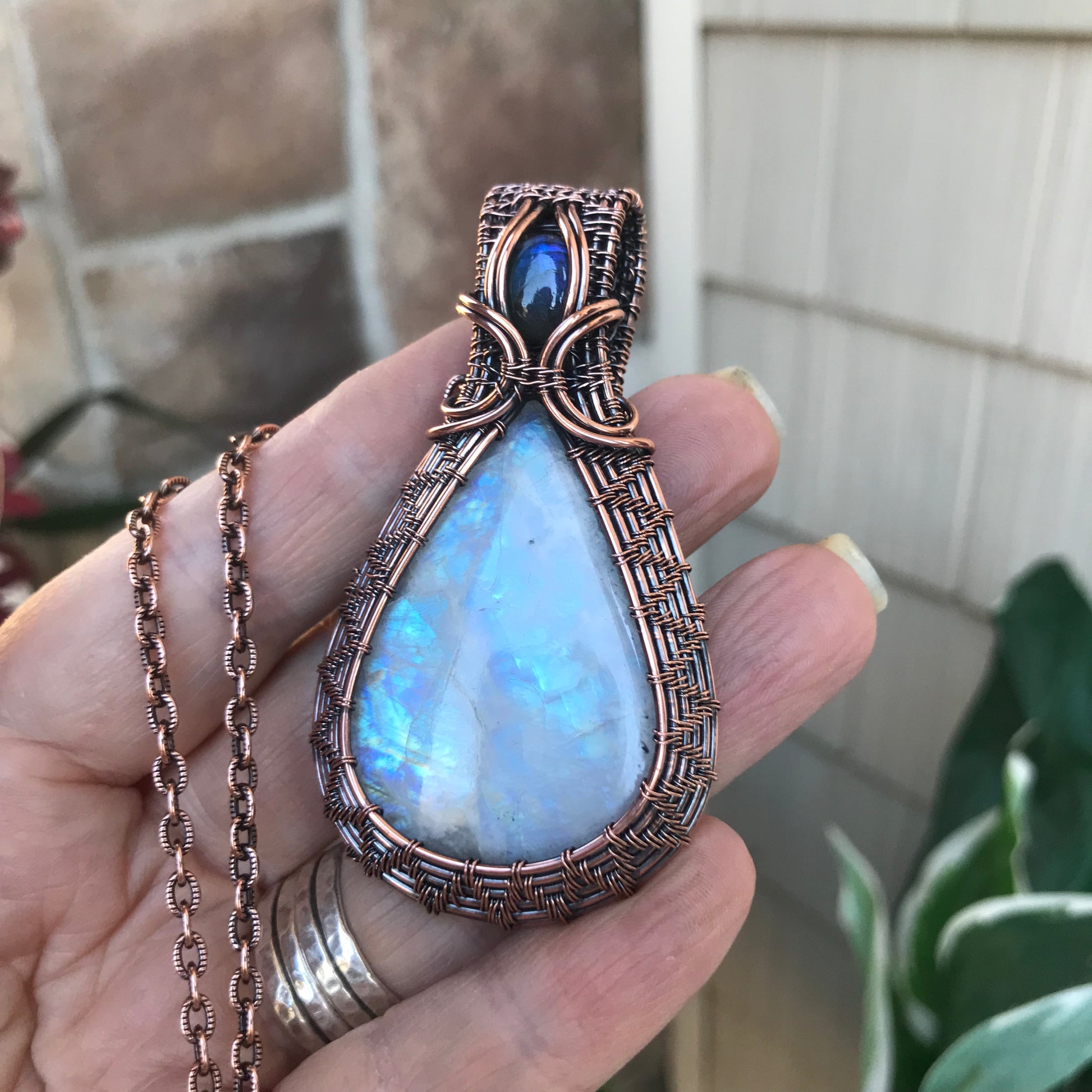 Rainbow Moonstone w/ Blue Labradorite Woven Copper Pendant