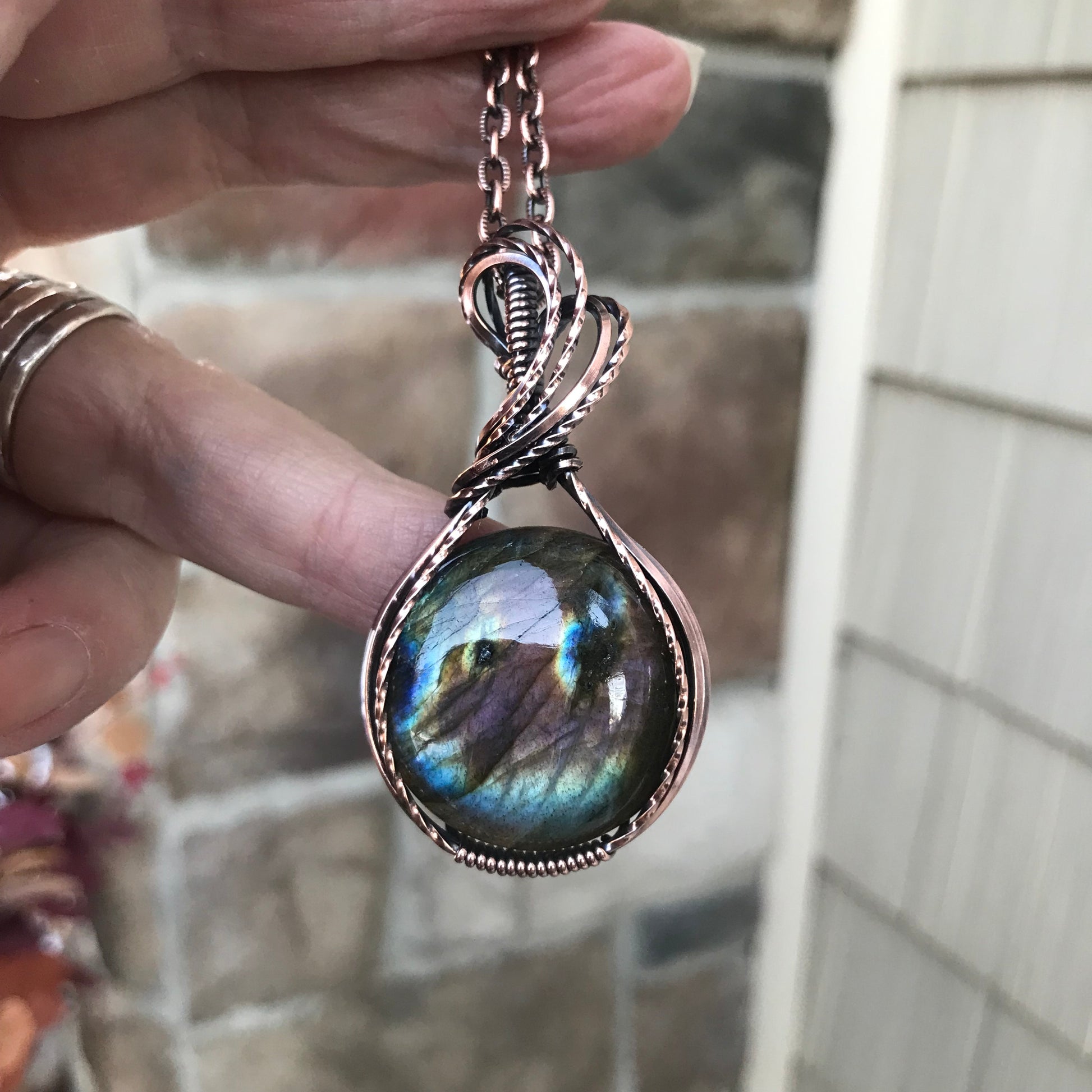 Rainbow Labradorite Round Copper Pendant