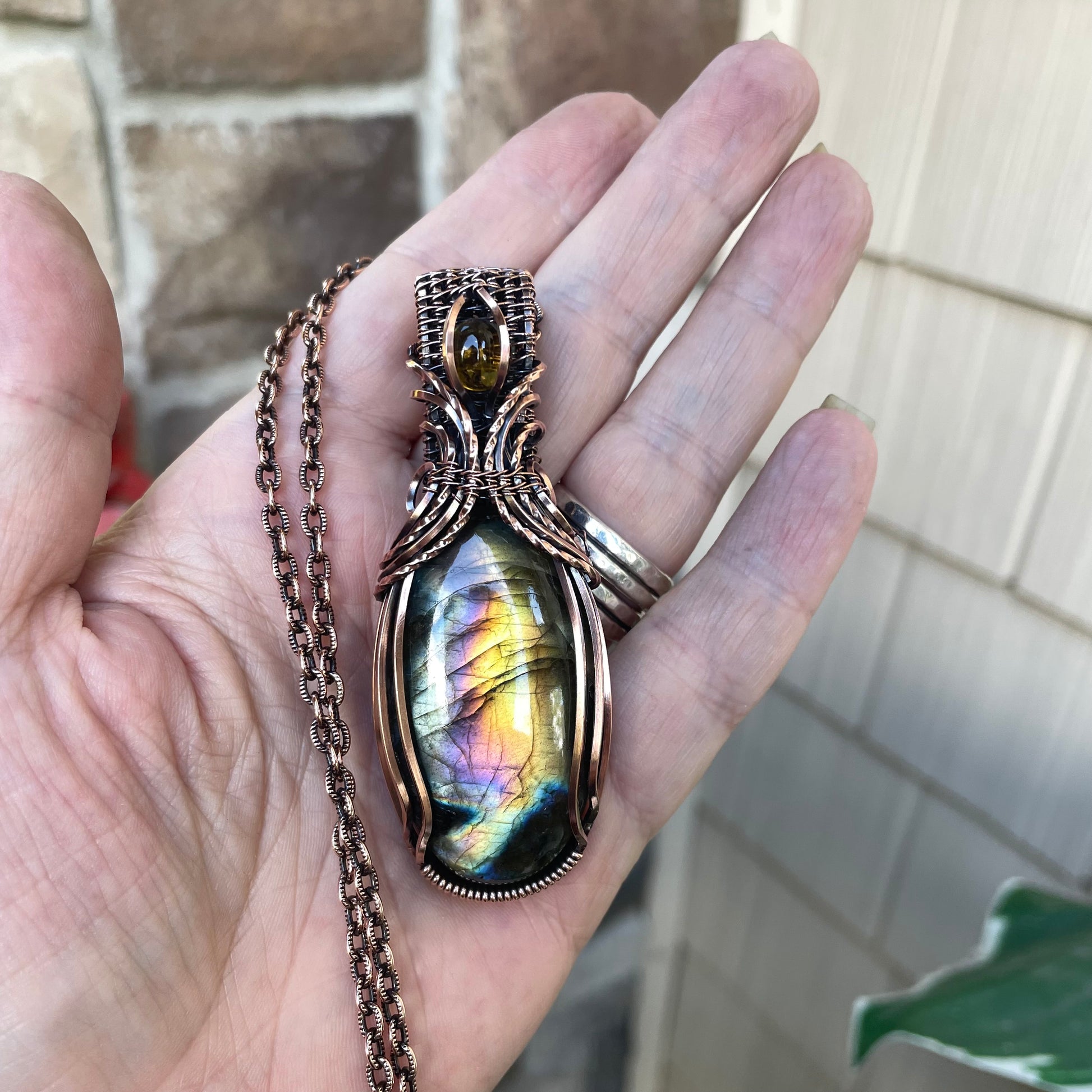 Rainbow Labradorite & Citrine Copper Necklace with Woven Bail