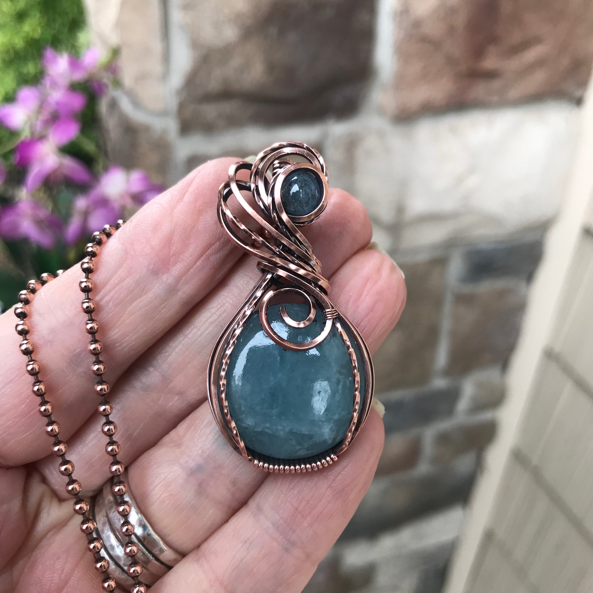 Aquamarine Swirly Copper Pendant