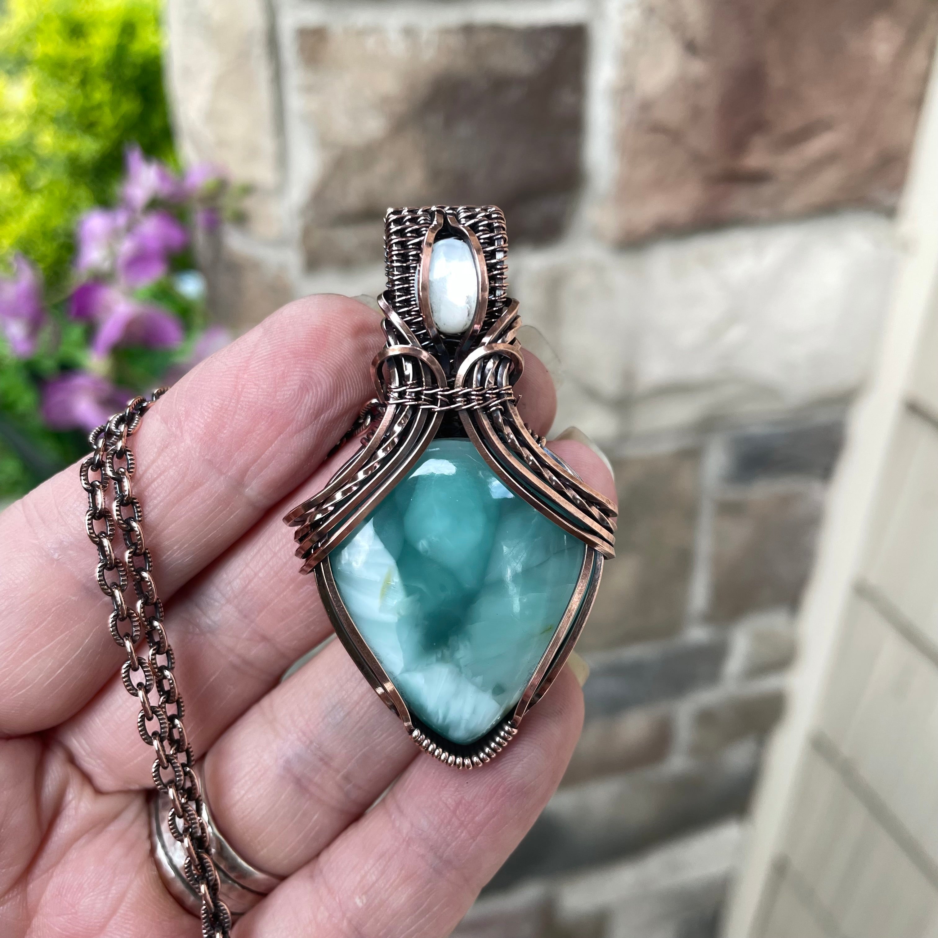 Hemimorphite & Mother of Pearl Copper Pendant with Woven Bail