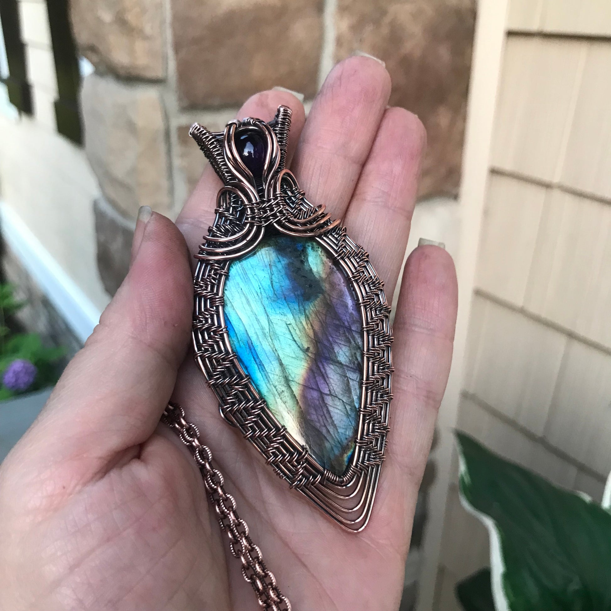 Teal Purple Labradorite & Amethyst Copper Woven Pendant