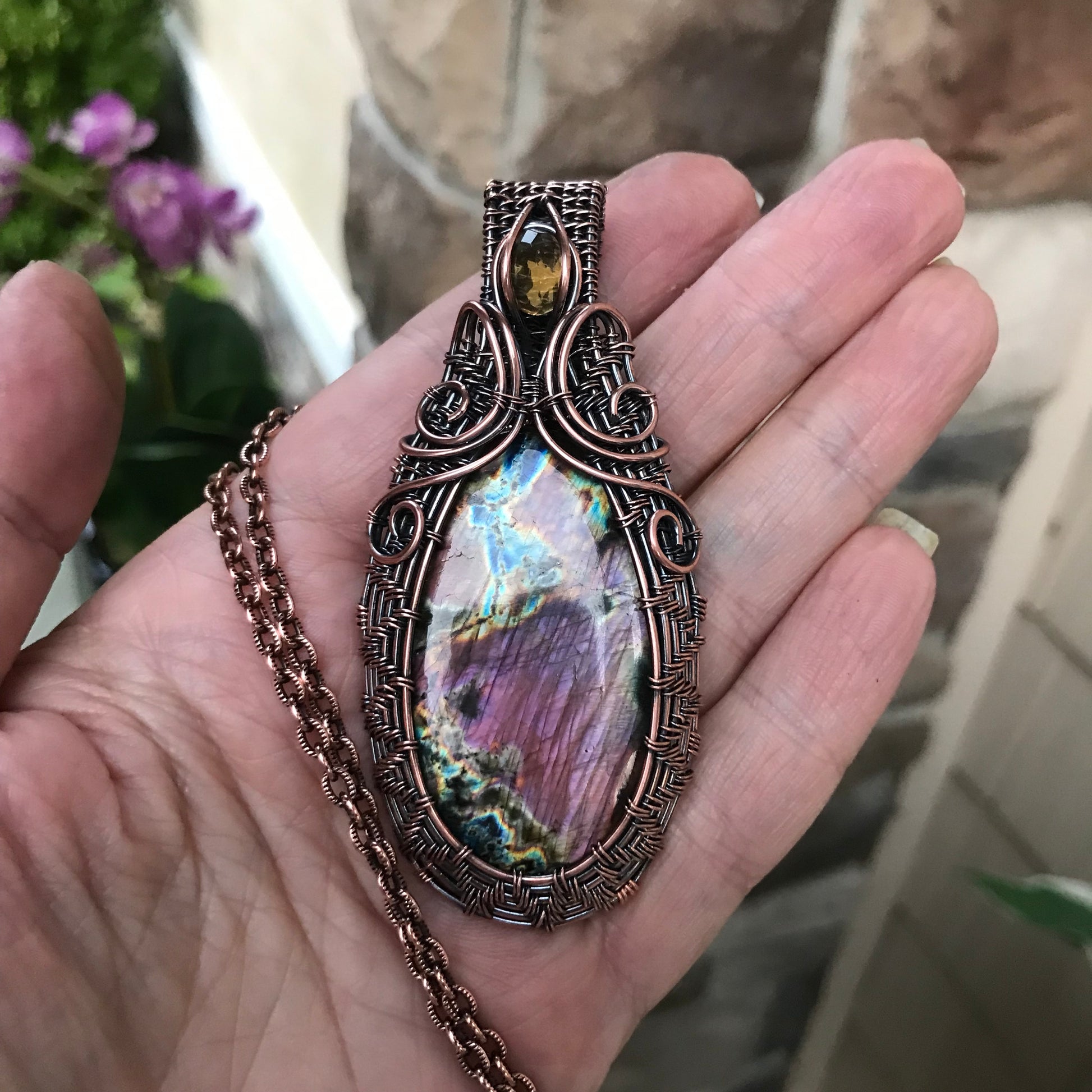 Purple Pink Labradorite with Citrine Woven Copper Pendant