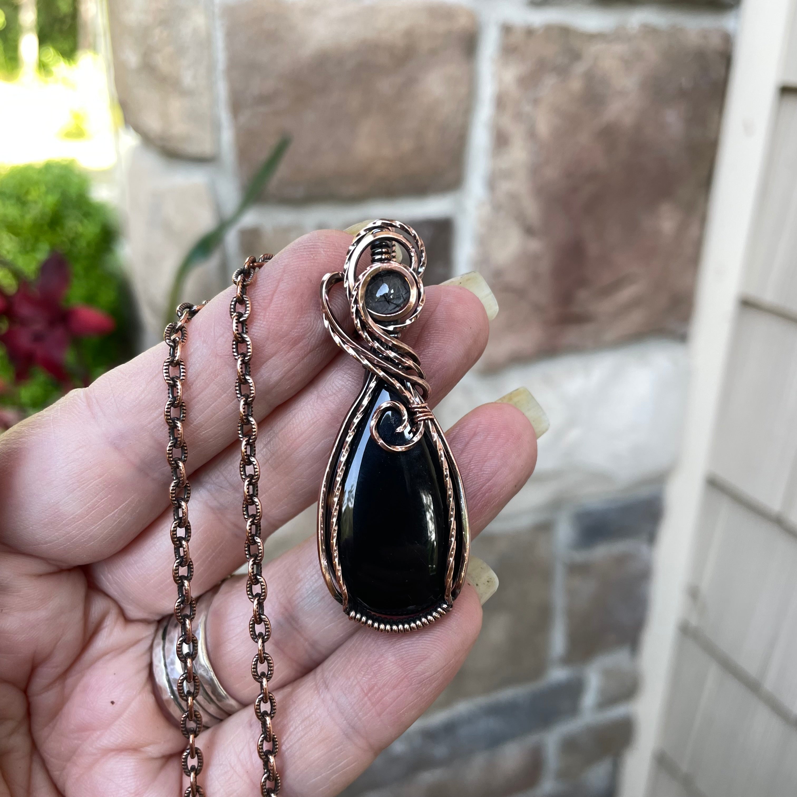 Black Onyx with Black Rutile Quartz Copper Necklace