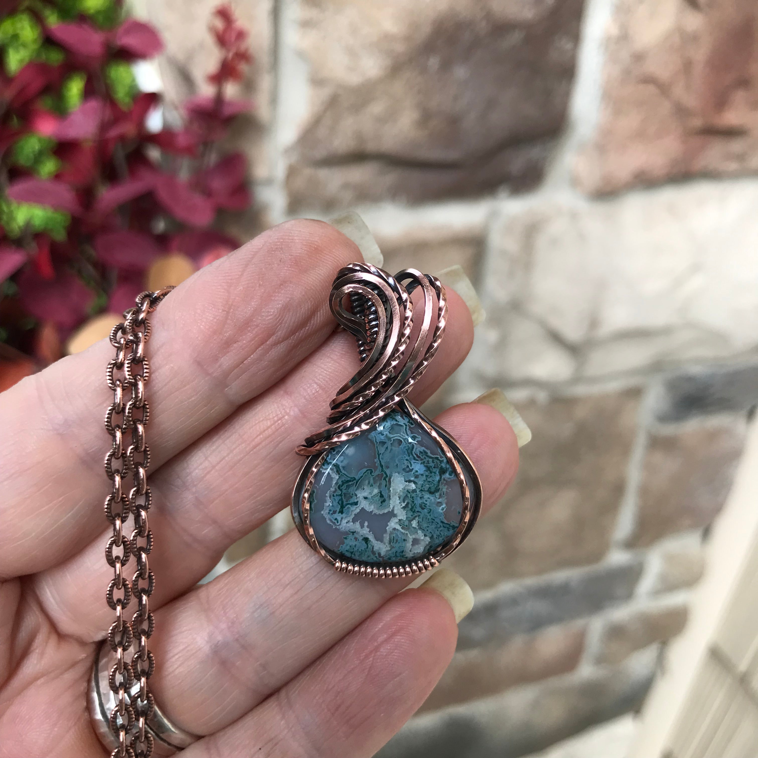 Moss Agate Teardrop Copper Necklace