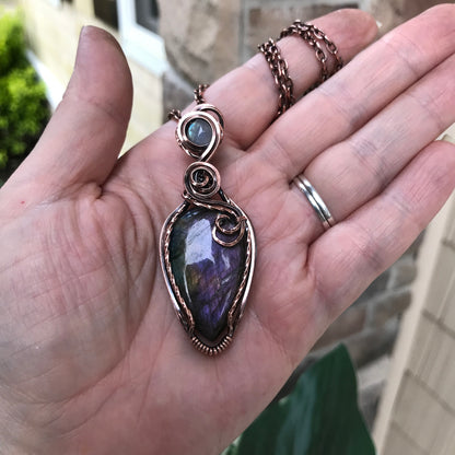 Purple Labradorite & Moonstone Swirly Copper Pendant