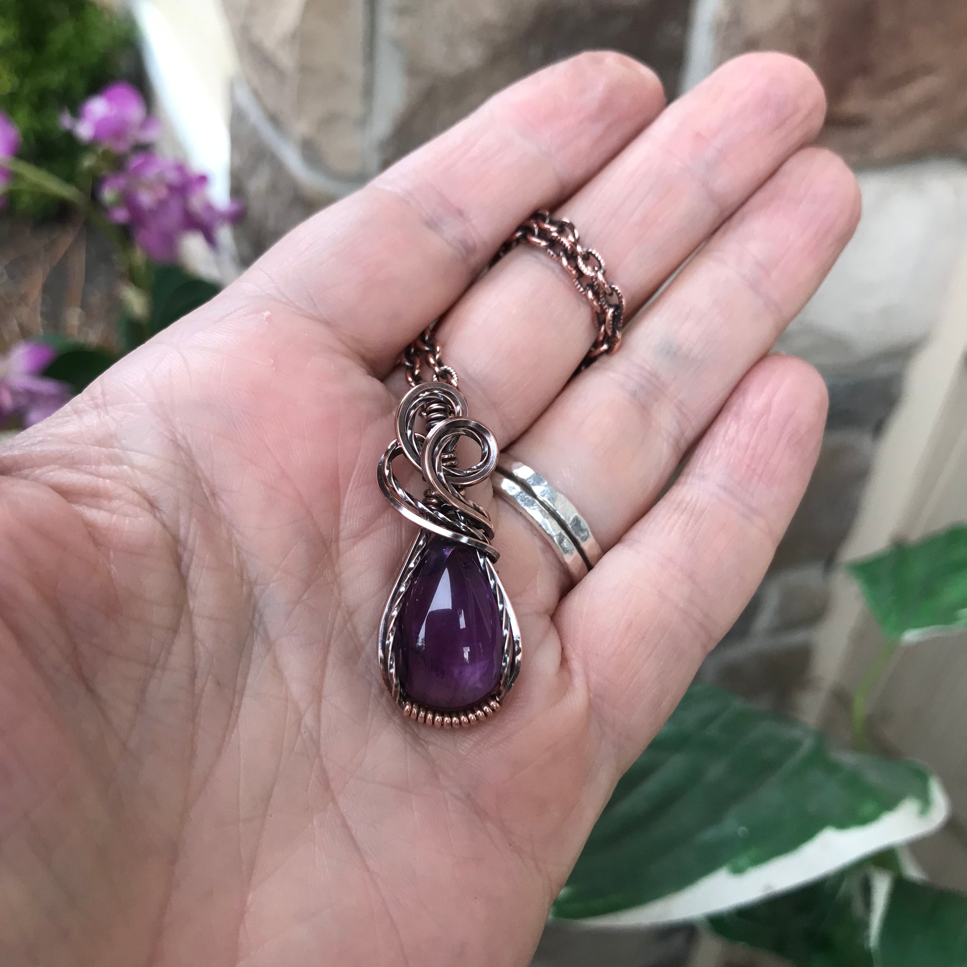 Amethyst Small Teardrop Copper Pendant