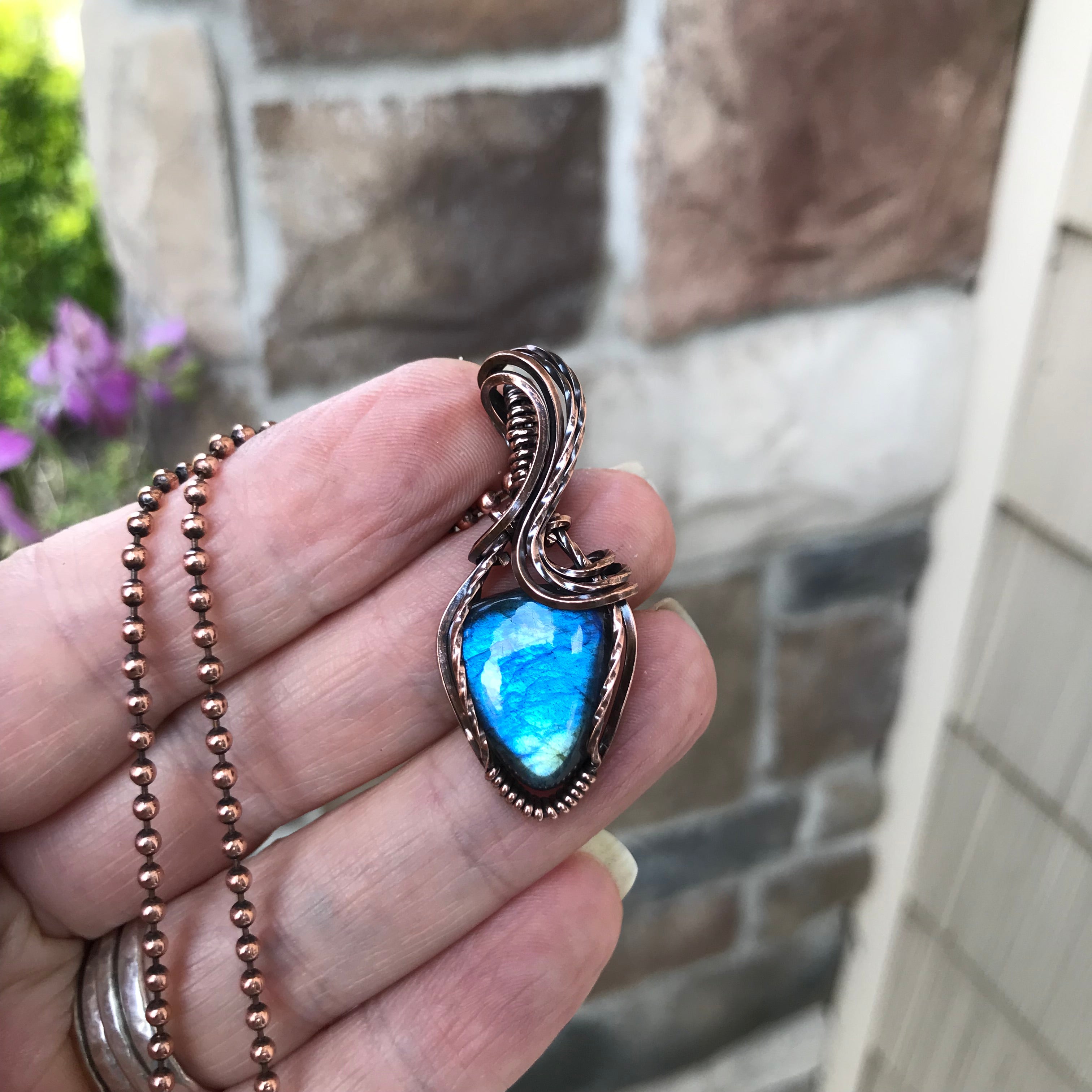 Blue Teal Labradorite Small Copper Pendant