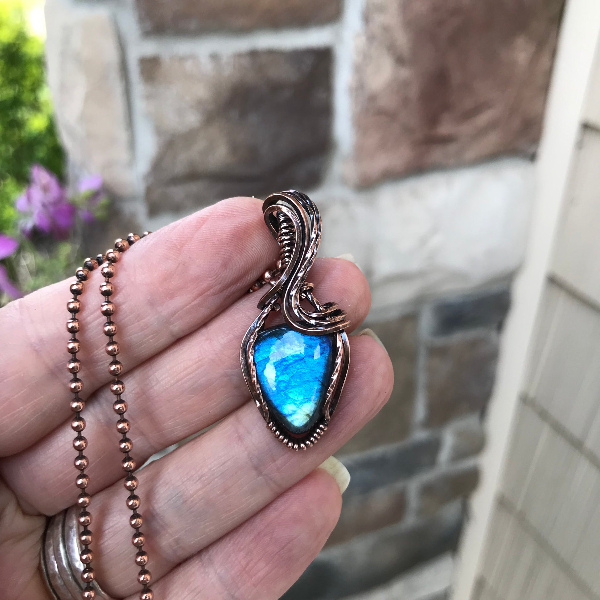 Blue Teal Labradorite Small Copper Pendant