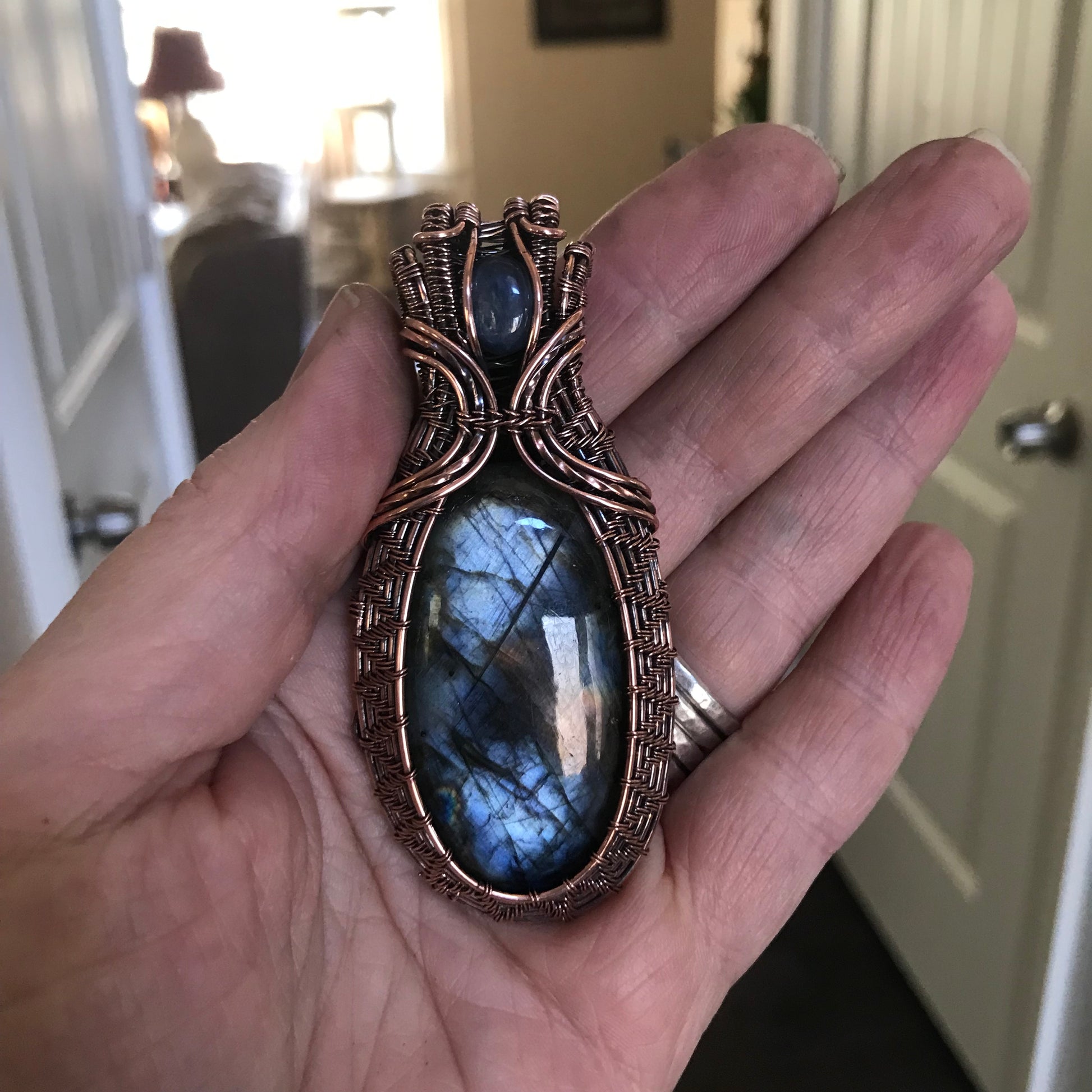 Blue Oval Labradorite & Kyanite Woven Copper Pendant