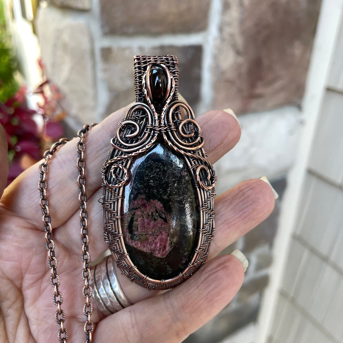 Dark Ruby Zoisite & Garnet Woven Copper Pendant