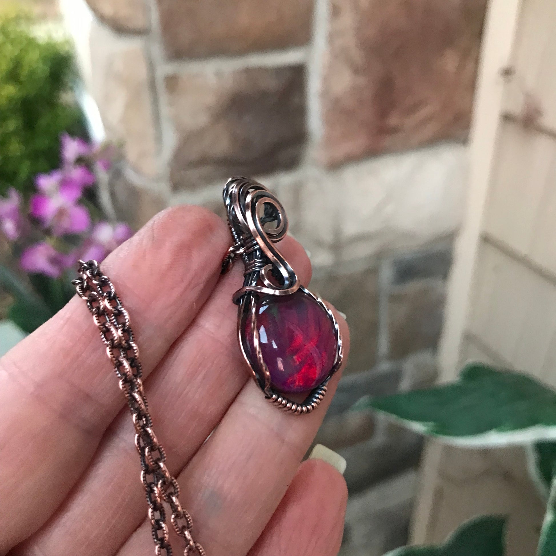 Aurora Opal Magenta Purple Round Copper Pendant