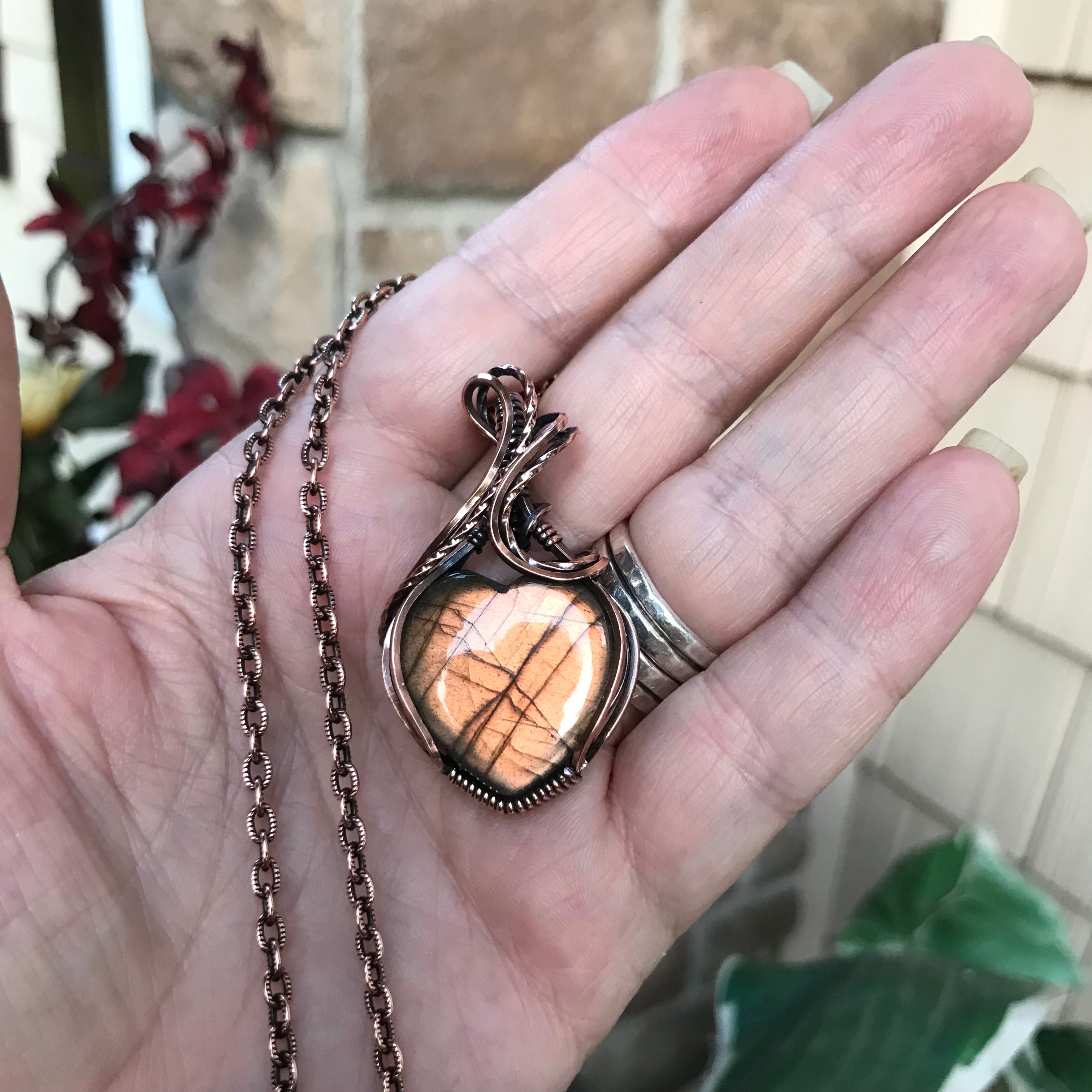 Golden Amber Labradorite Heart Copper Necklace