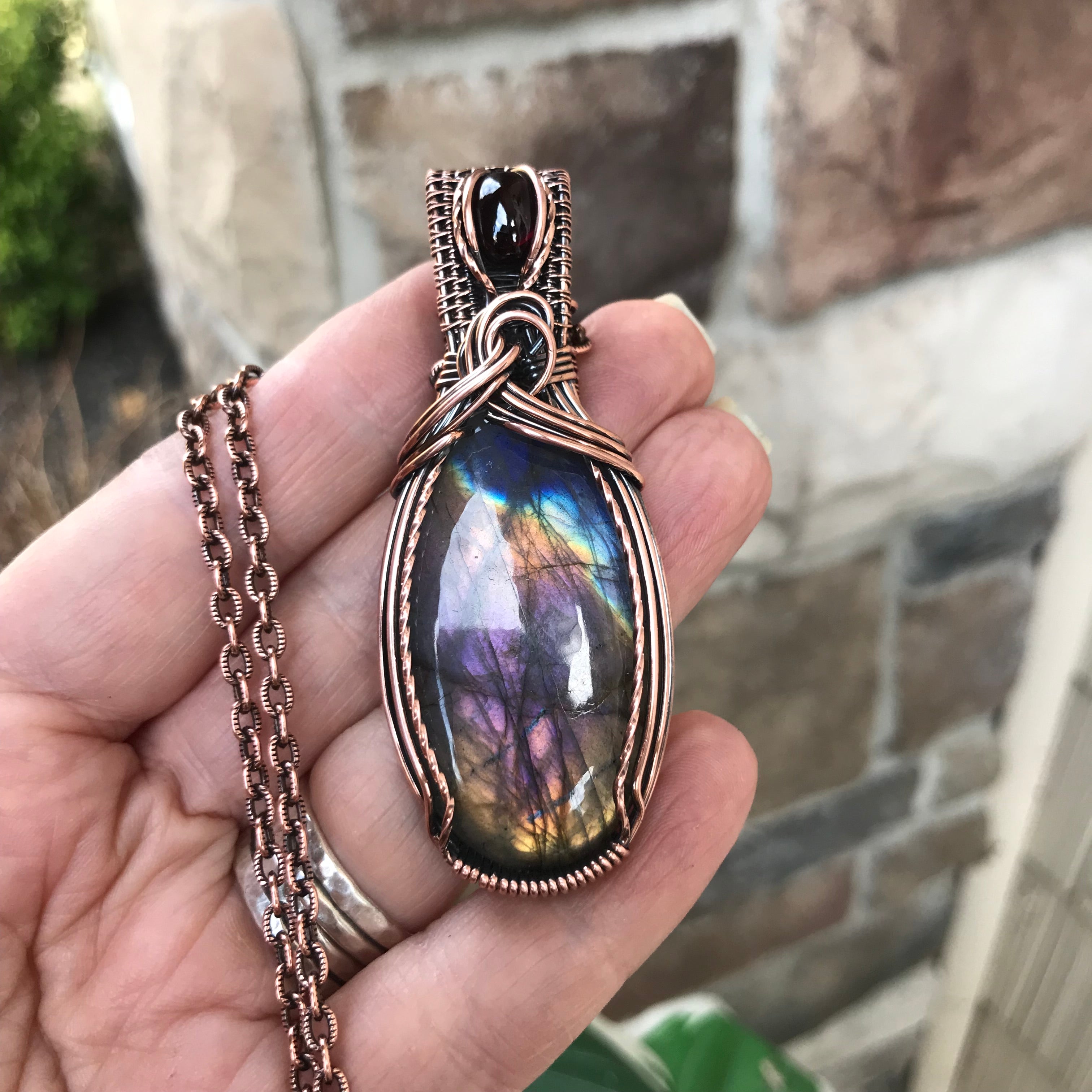 Rainbow Labradorite & Garnet Copper Pendant