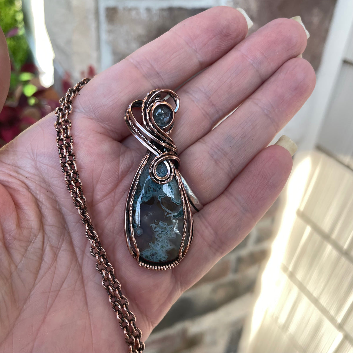 Moss Agate & Aquamarine Copper Necklace
