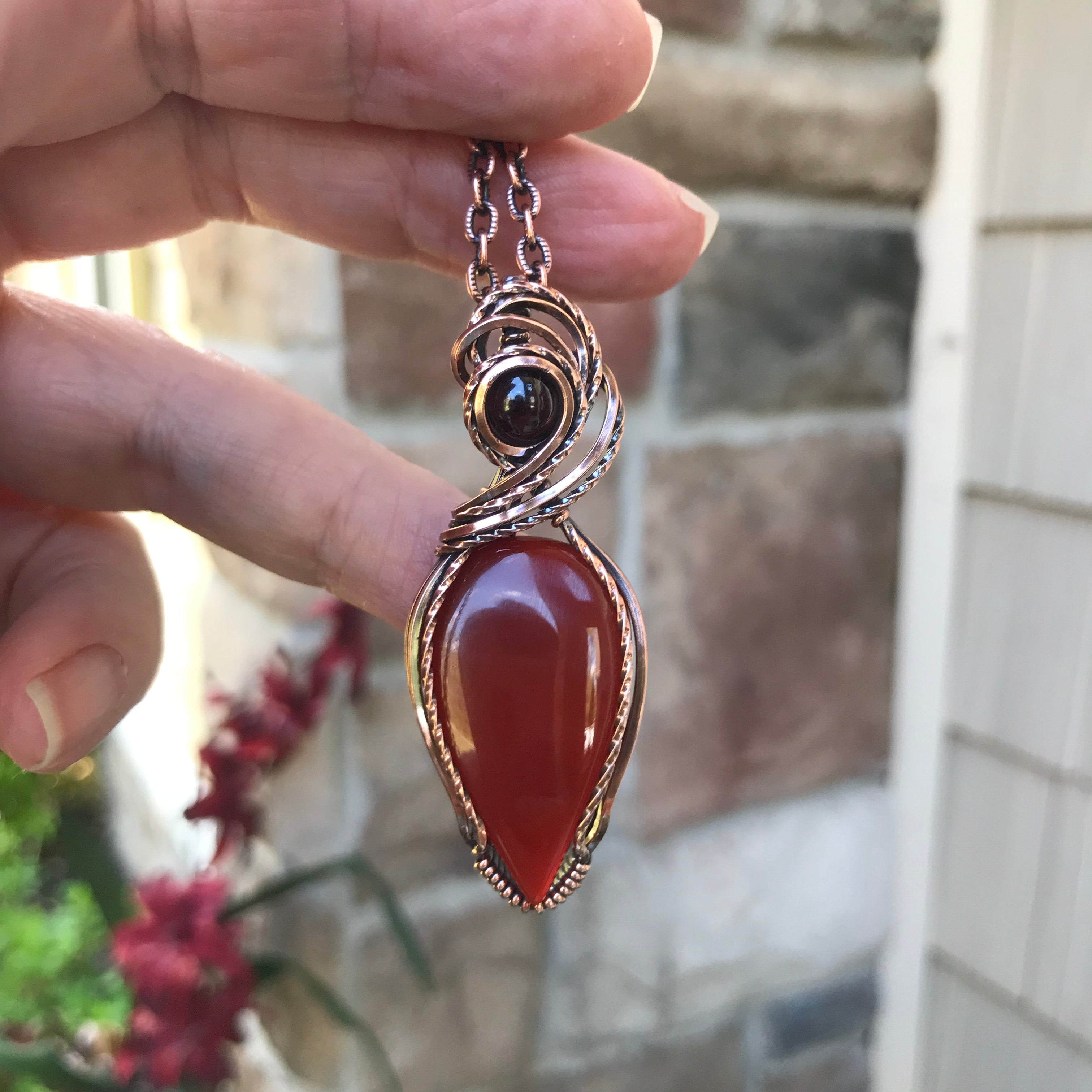 Carnelian & Garnet Teardrop Copper Pendant