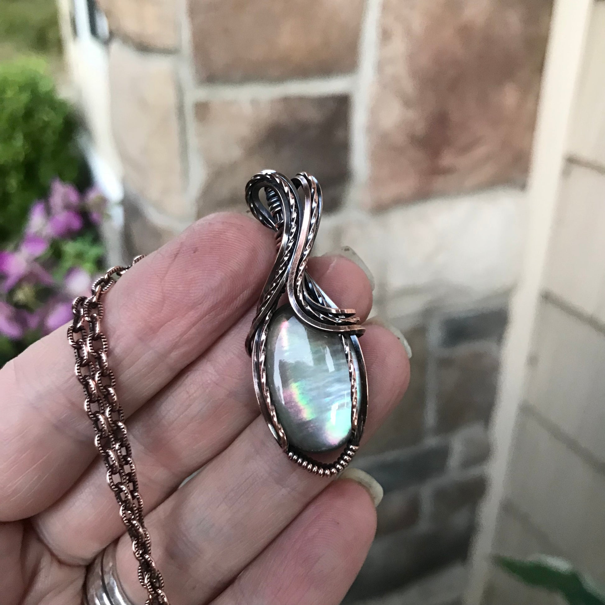 Mother of Pearl Oval Pink & Green Doublet Copper Necklace