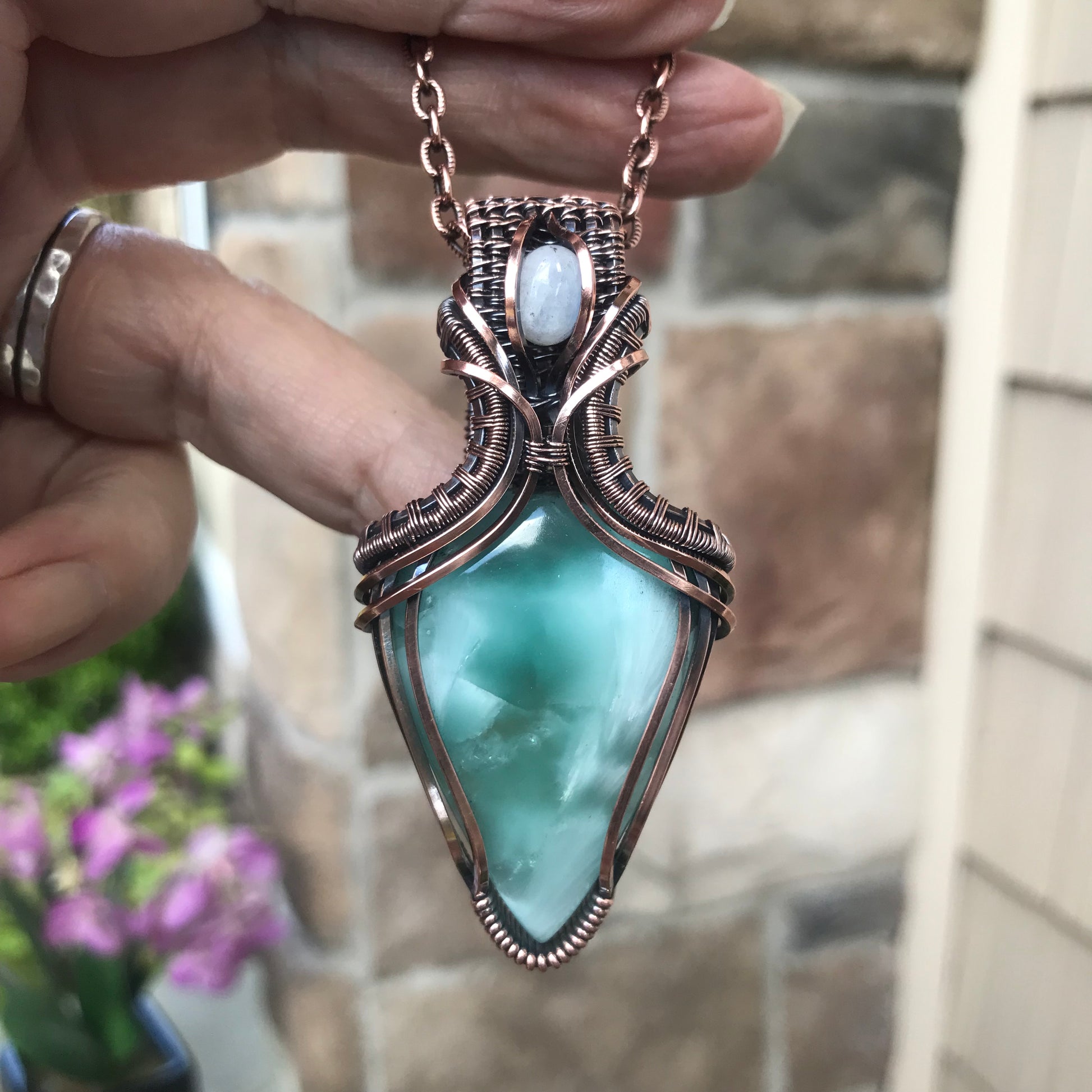 RESERVED FOR K - Hemimorphite & Moonstone Copper Pendant with Weaving