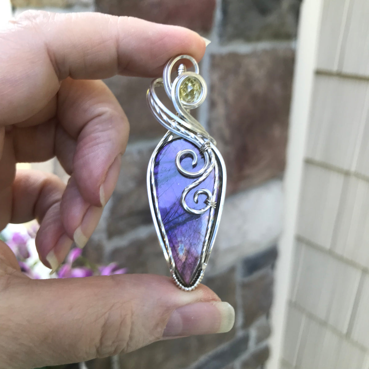 Purple Labradorite & Lemon Quartz Teardrop Silver Necklace