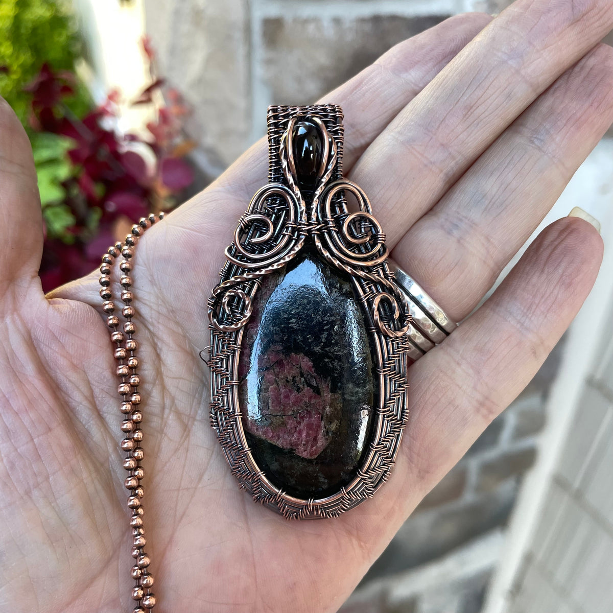 Dark Ruby Zoisite & Garnet Woven Copper Pendant