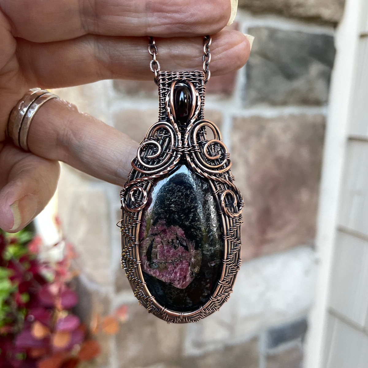 Dark Ruby Zoisite & Garnet Woven Copper Pendant