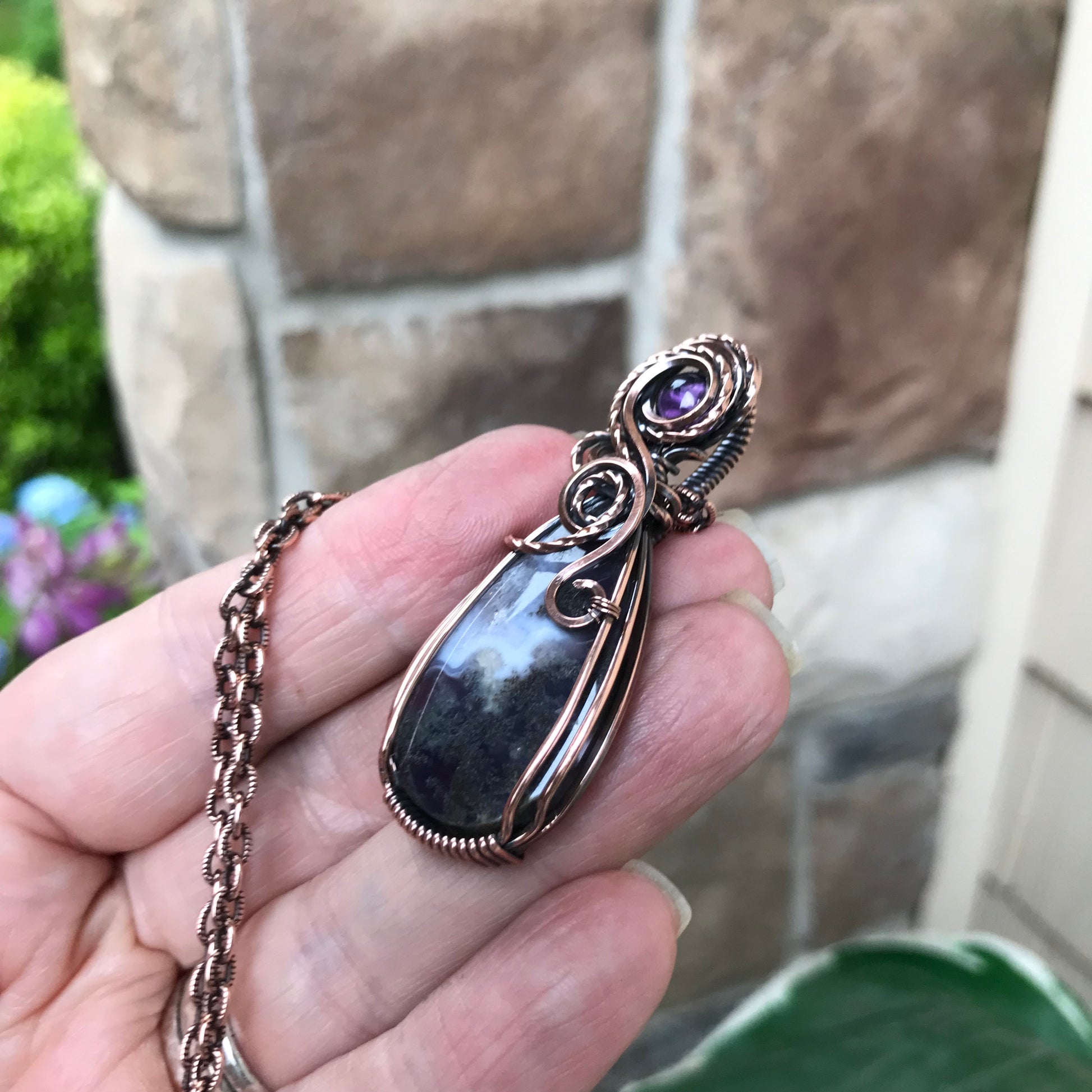 Purple Chalcedony Moss Agate and Amethyst Copper Pendant