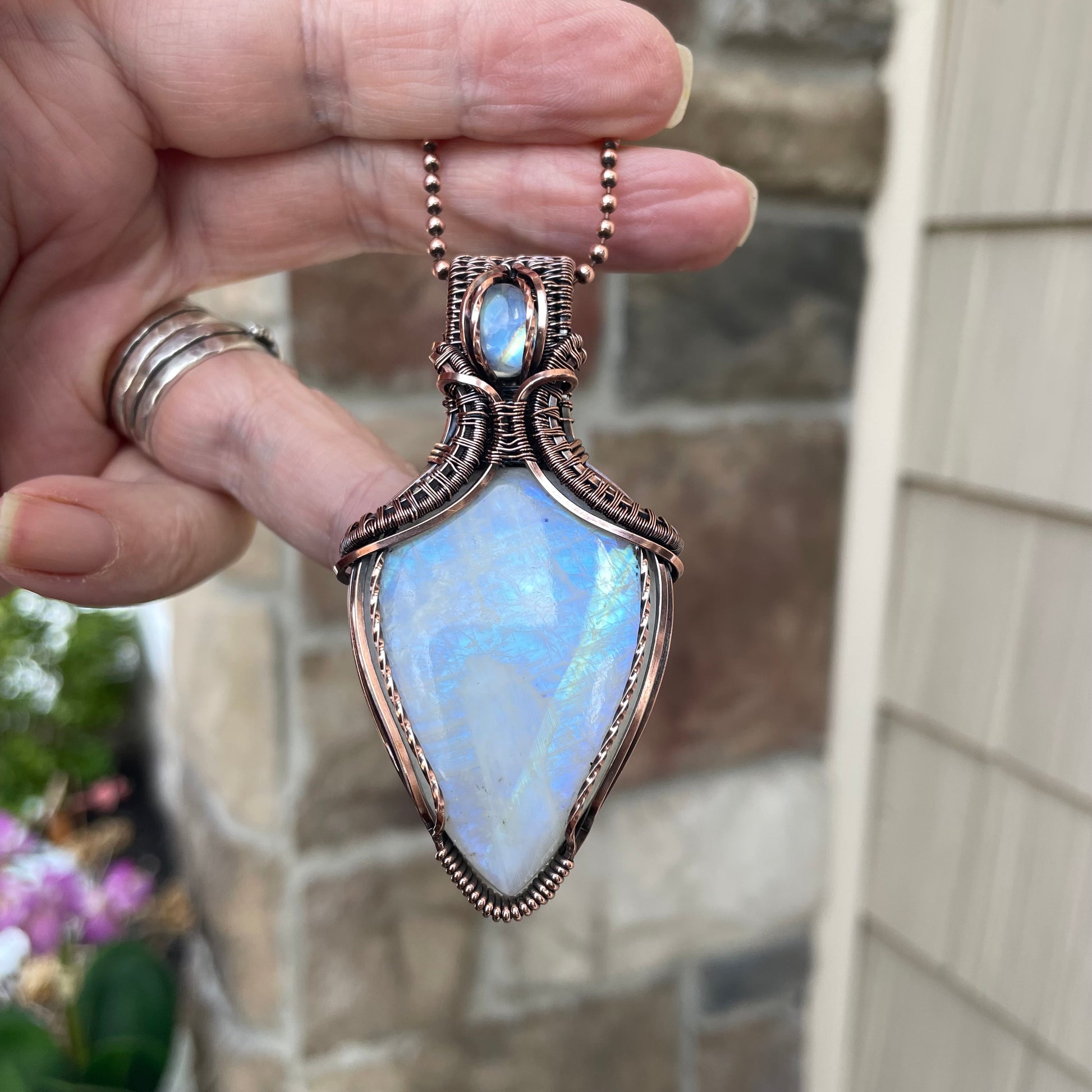Moonstone Copper Pendant with Weaving