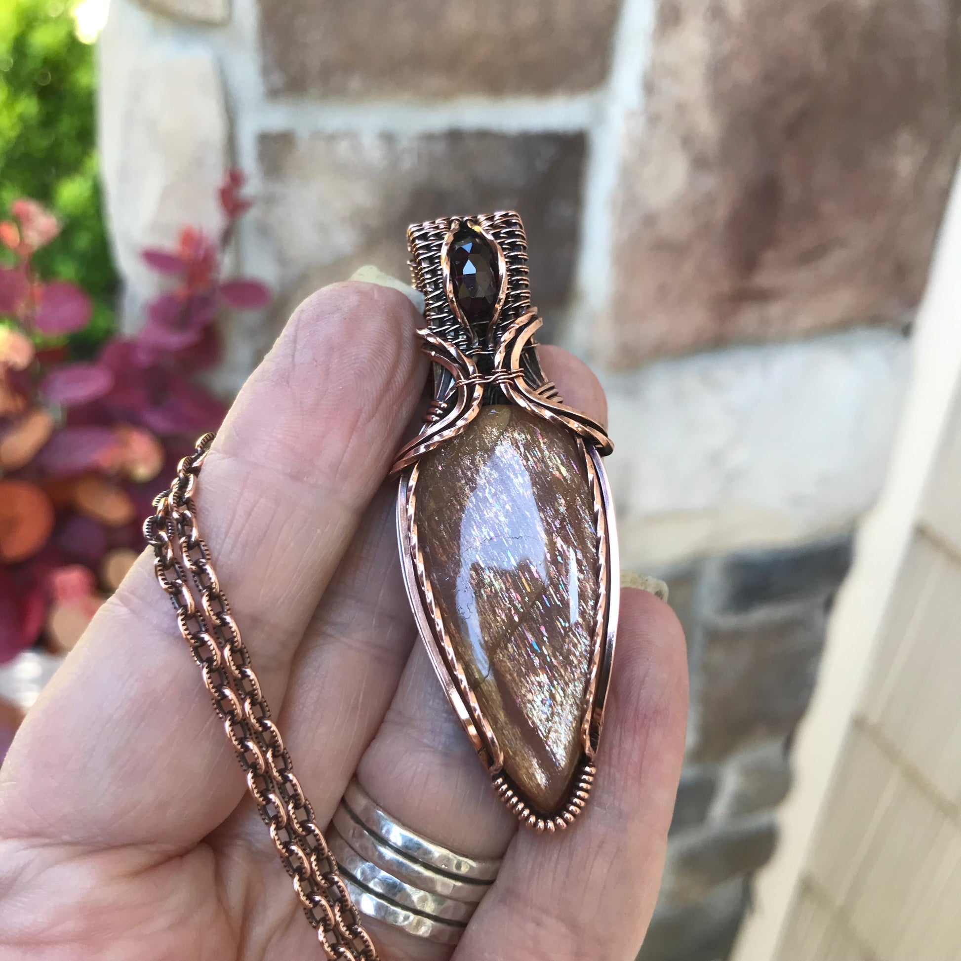 Sunstone & Garnet Copper Pendant
