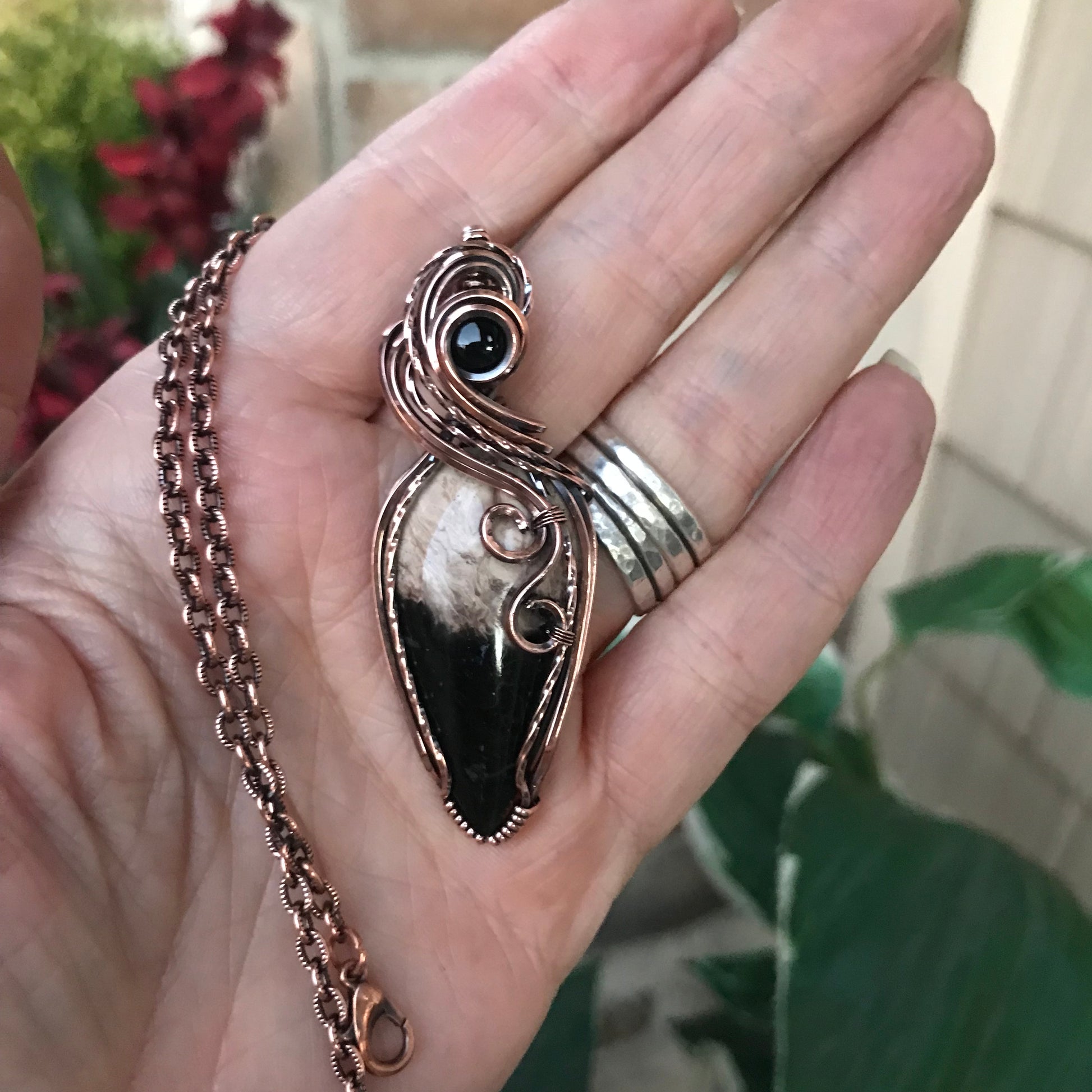 Petrified Palm Wood (Bird's Eye Agate)  & Black Onyx Copper Necklace