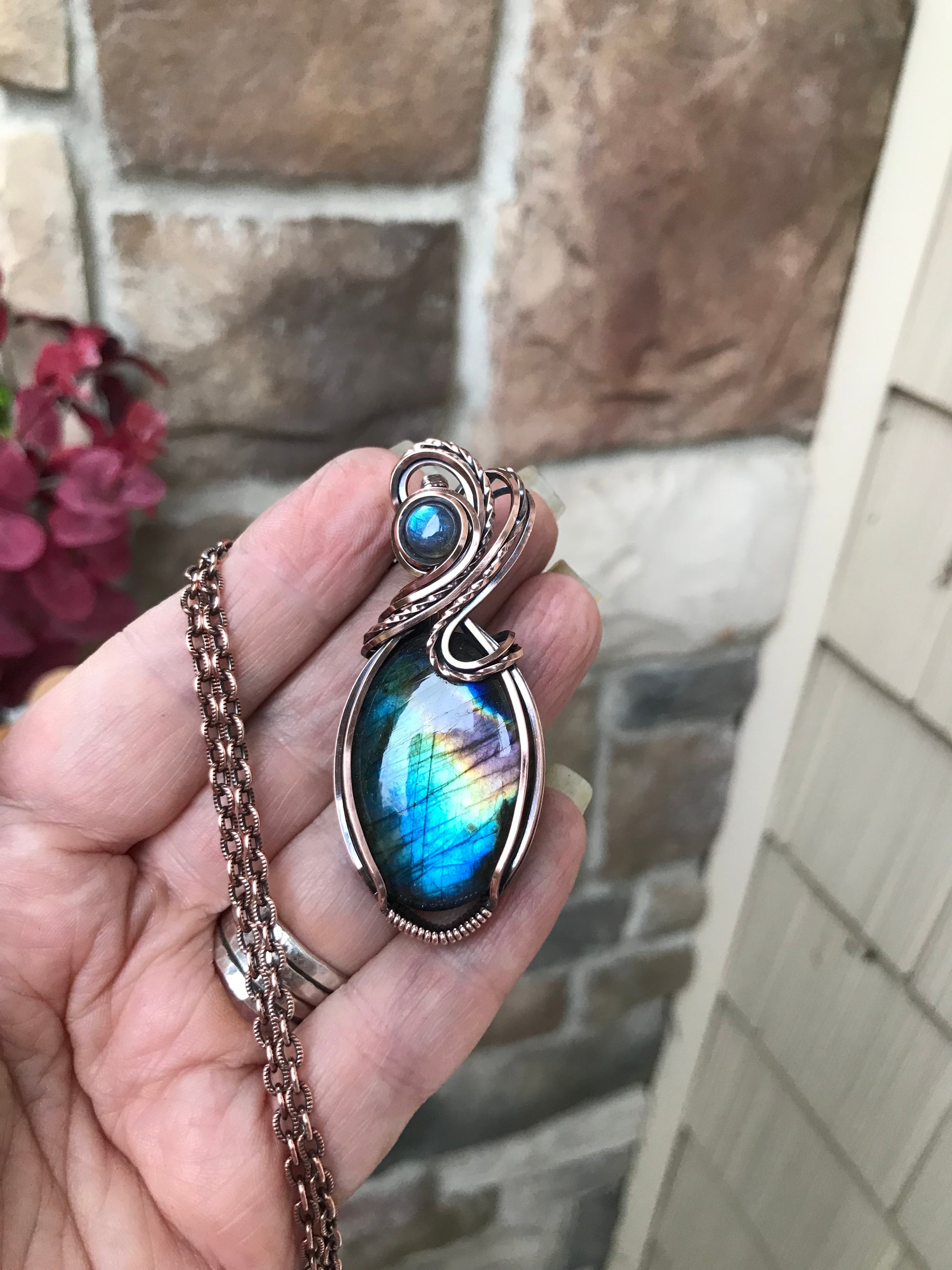 Blue Rainbow Oval Labradorite Copper Pendant