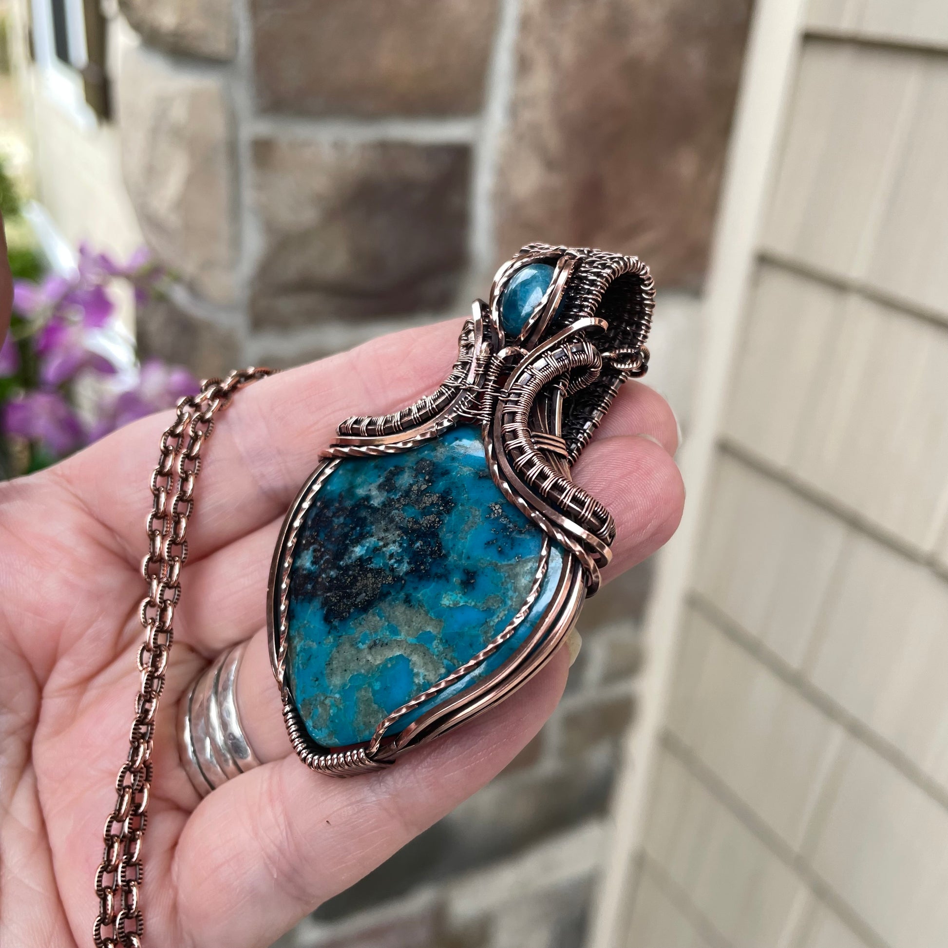 Turquoise & Apatite Copper Pendant with Weaving