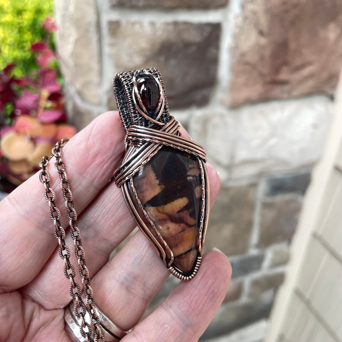 Biggs Jasper & Garnet Copper Pendant with Weaving