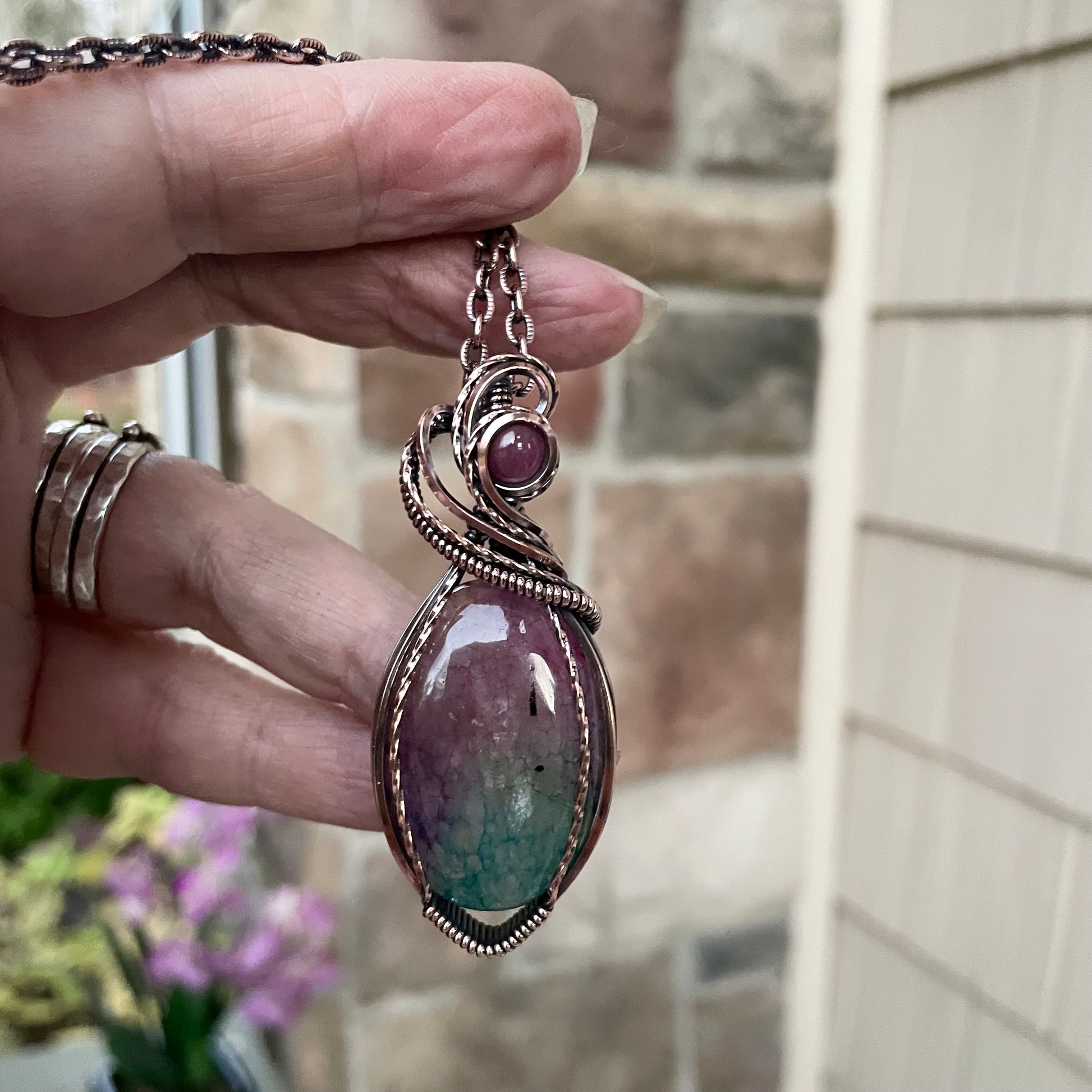 Rainbow Solar Quartz & Ruby Copper Pendant