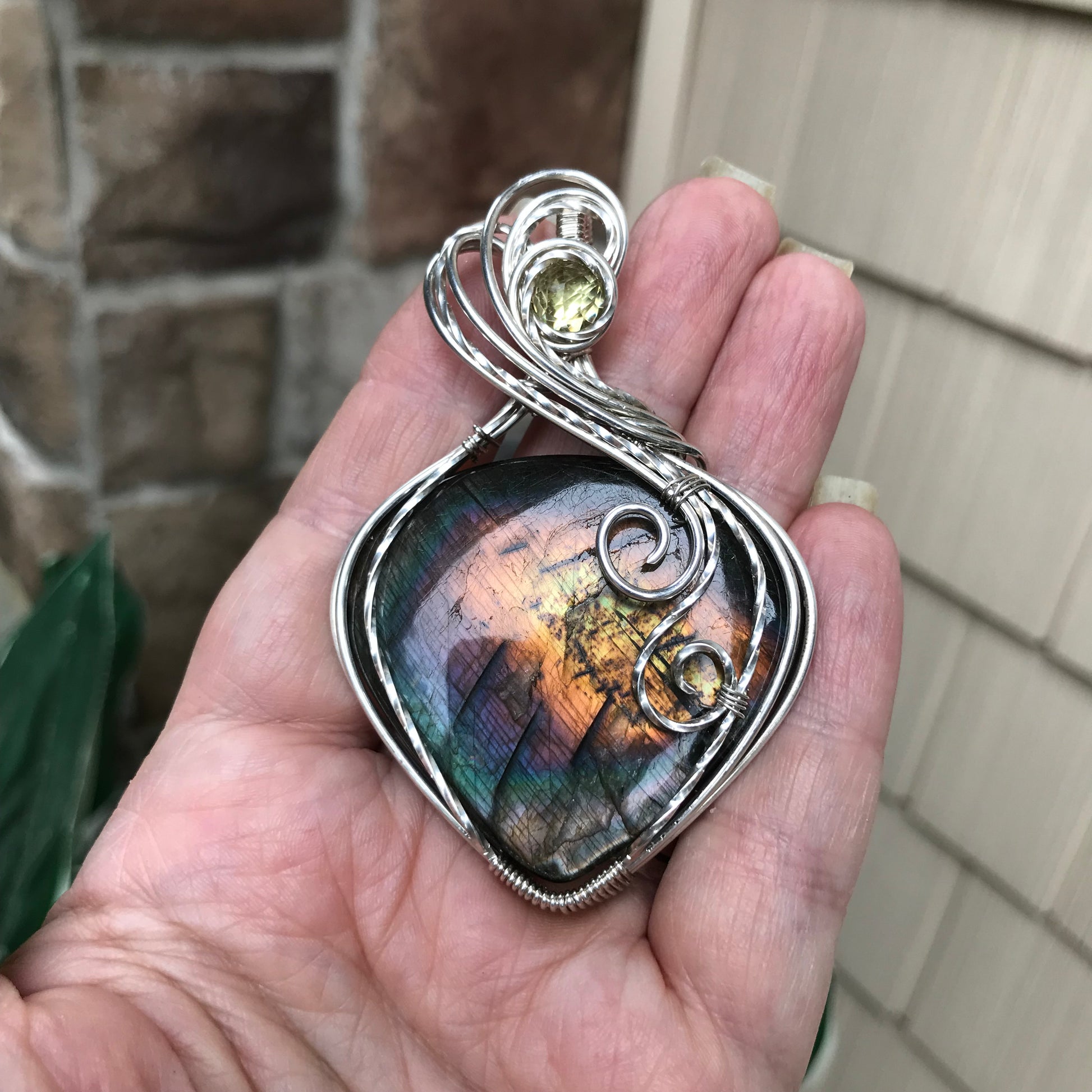 Rainbow Labradorite & Lemon Quartz Silver Pendant
