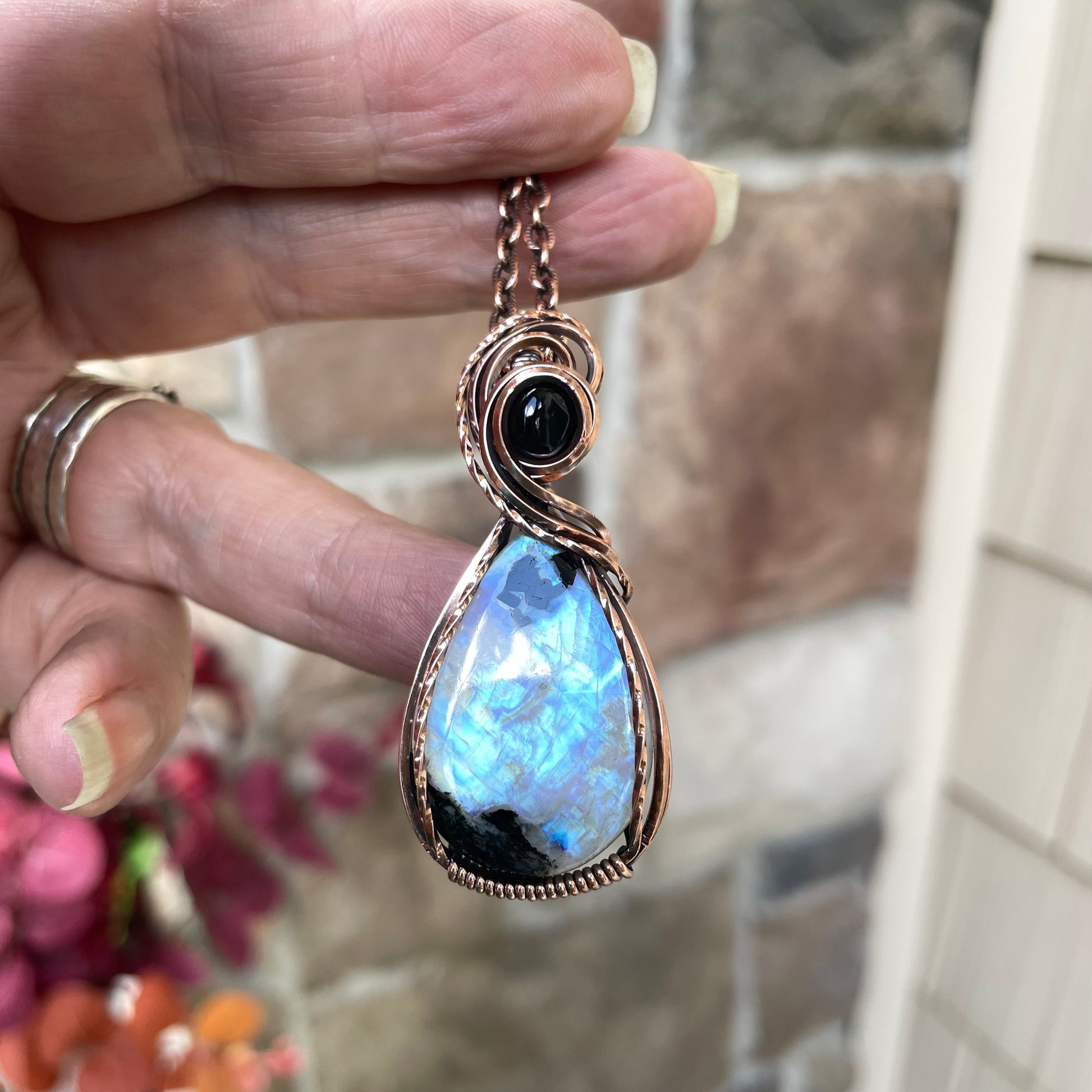 Moonstone & Black Onyx Copper Pendant