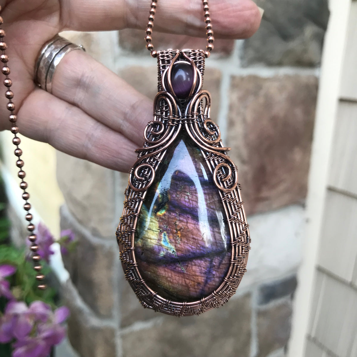 Maroon Purple Labradorite & Pink Cat's Eye Copper Woven Necklace