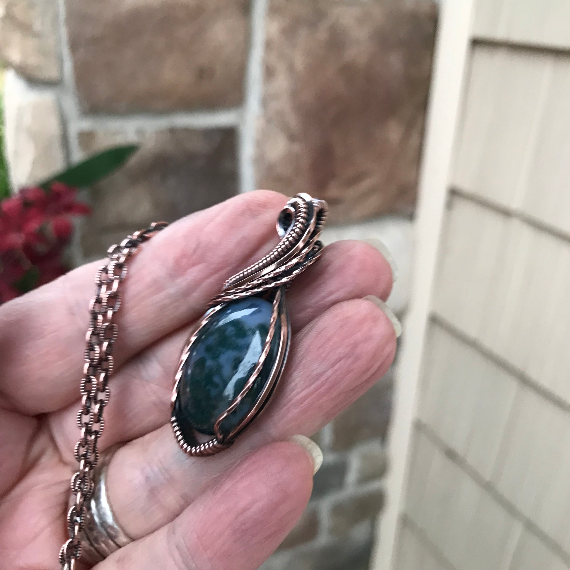 Moss Agate Oval Copper Pendant