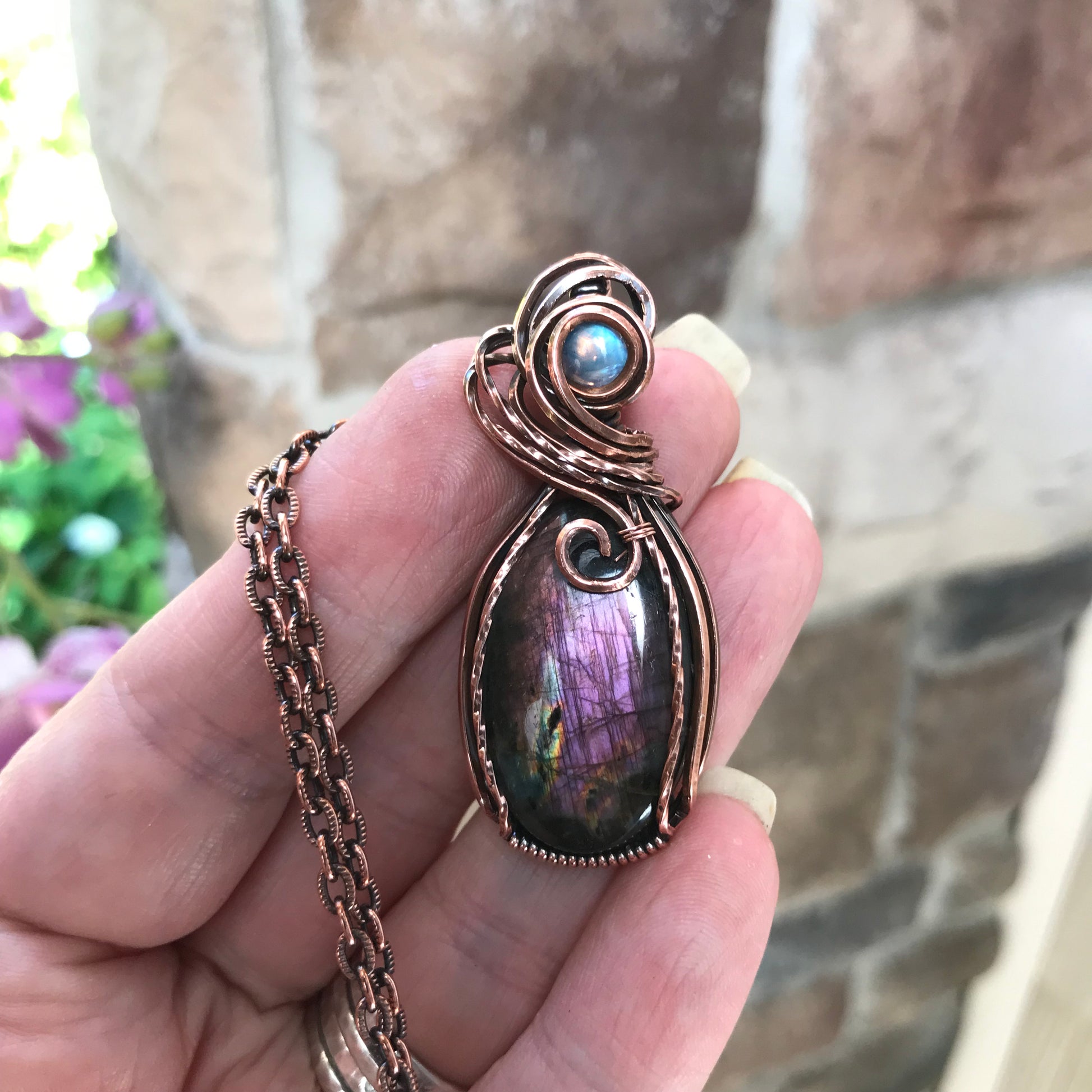 Purple Labradorite & Moonatone Copper Pendant