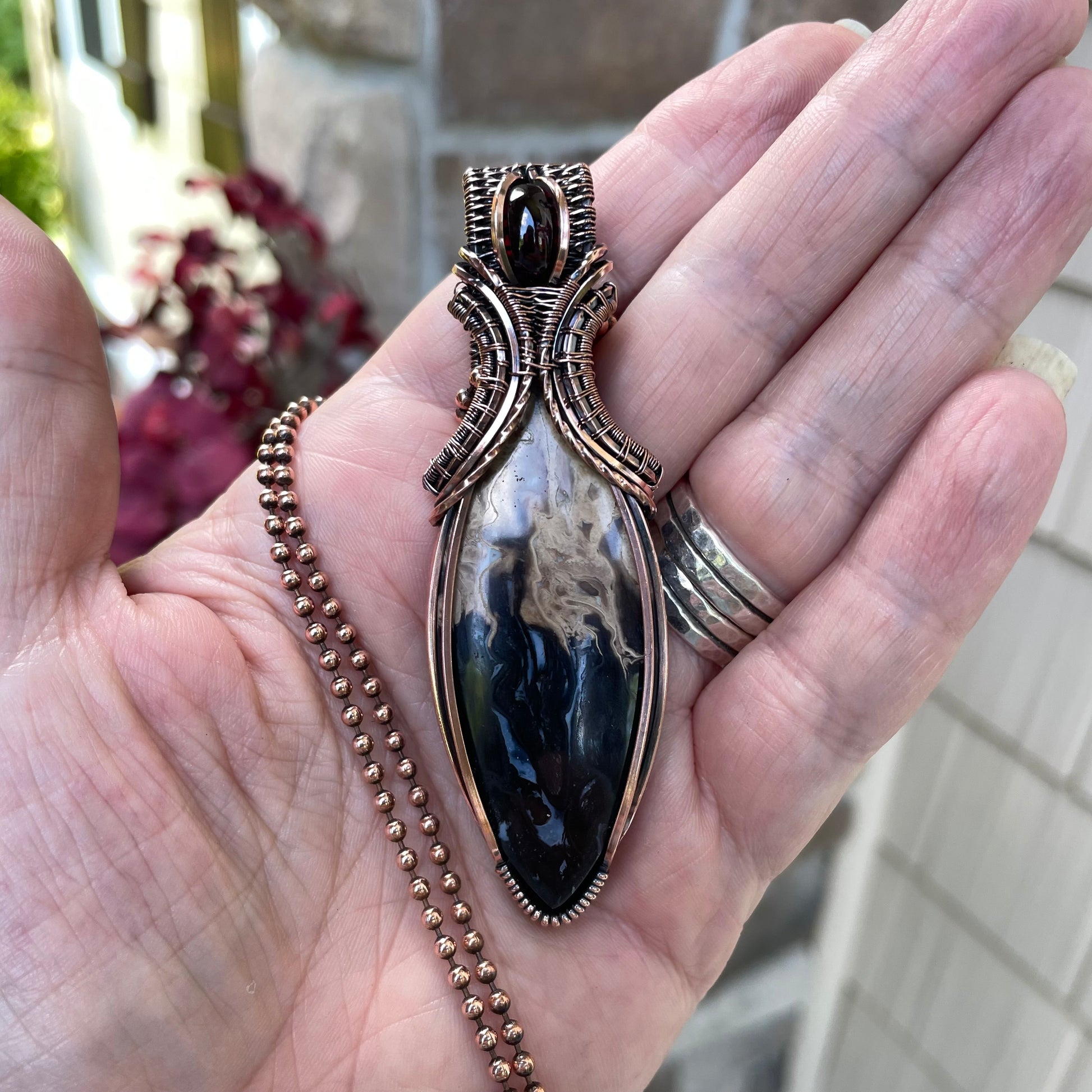 Petrified Palm Wood & Garnet Copper Pendant