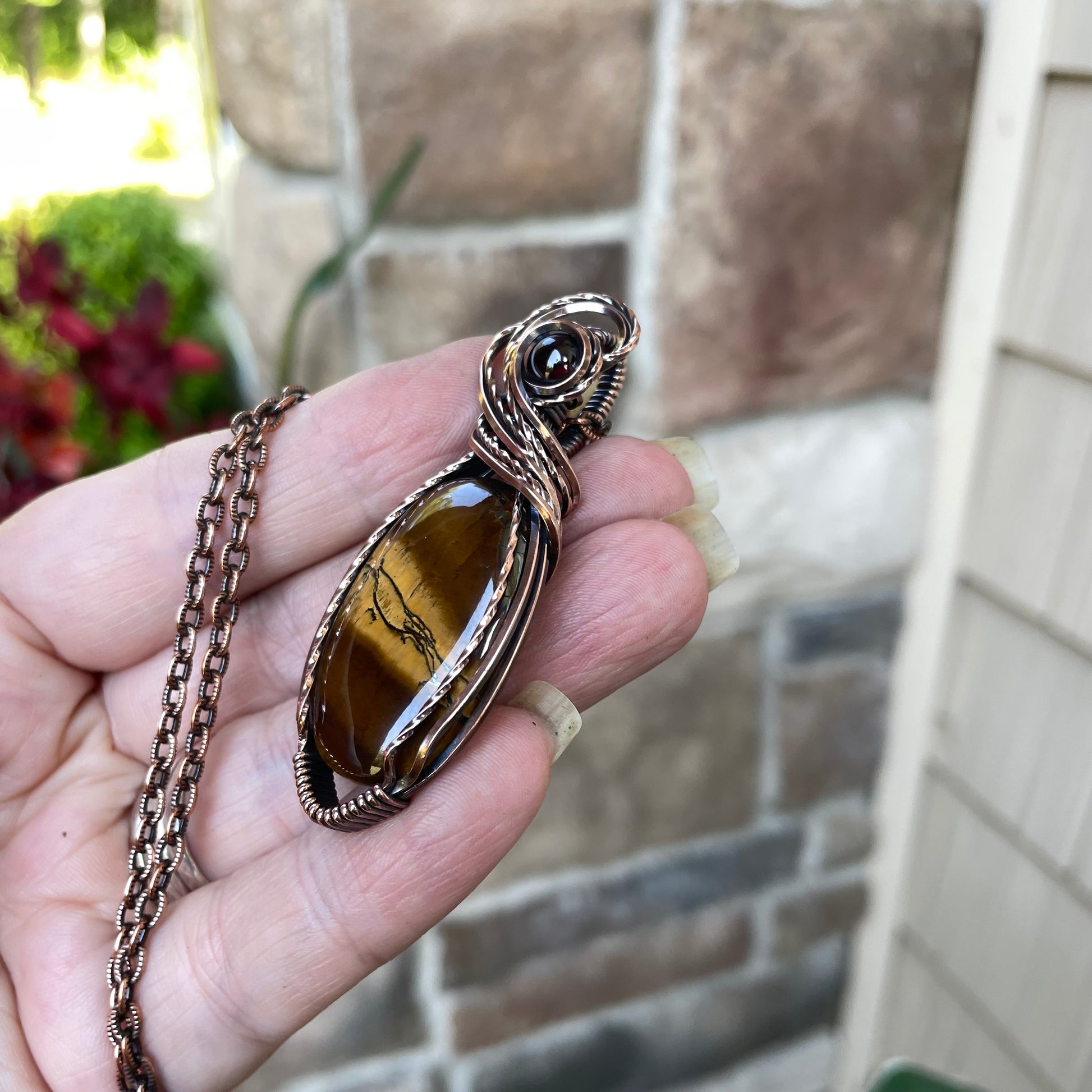 Tiger Eye & Garnet Oval Copper Pendant