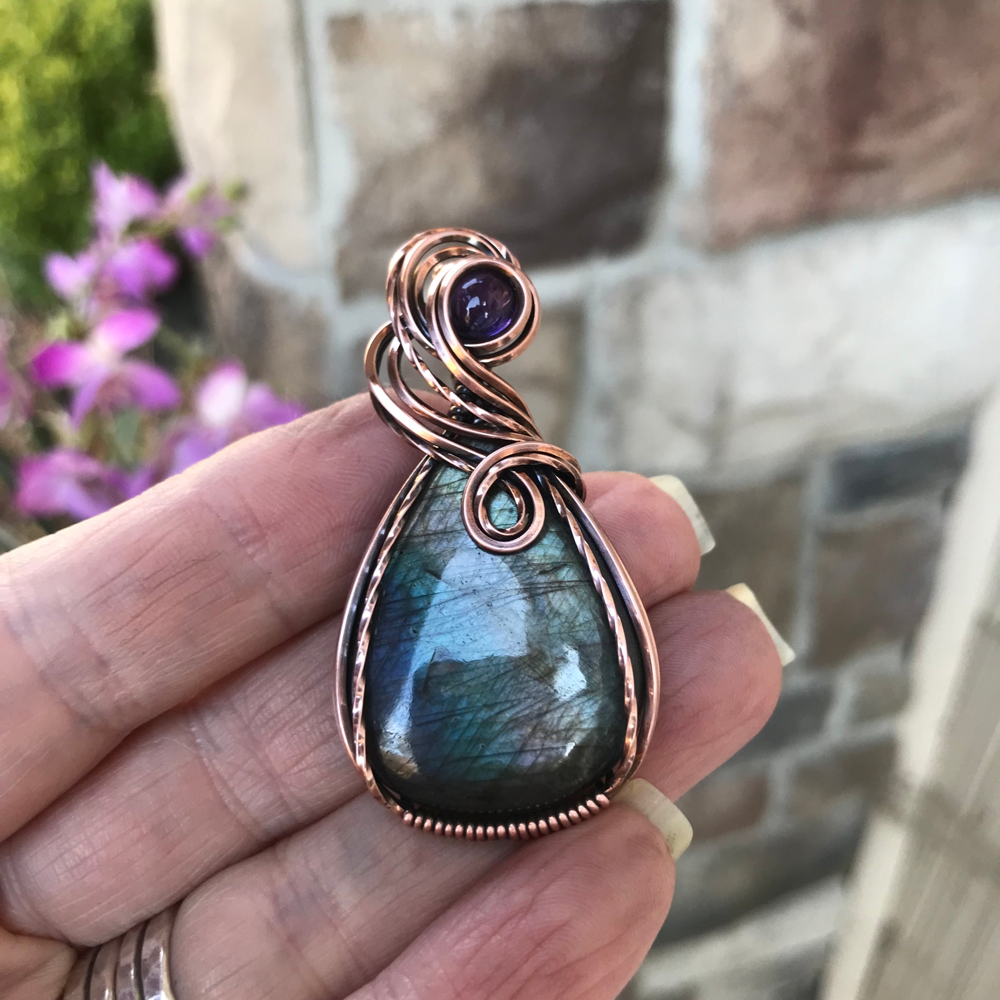 Smoky Blue Silver Labradorite & Amethyst Copper Pendant