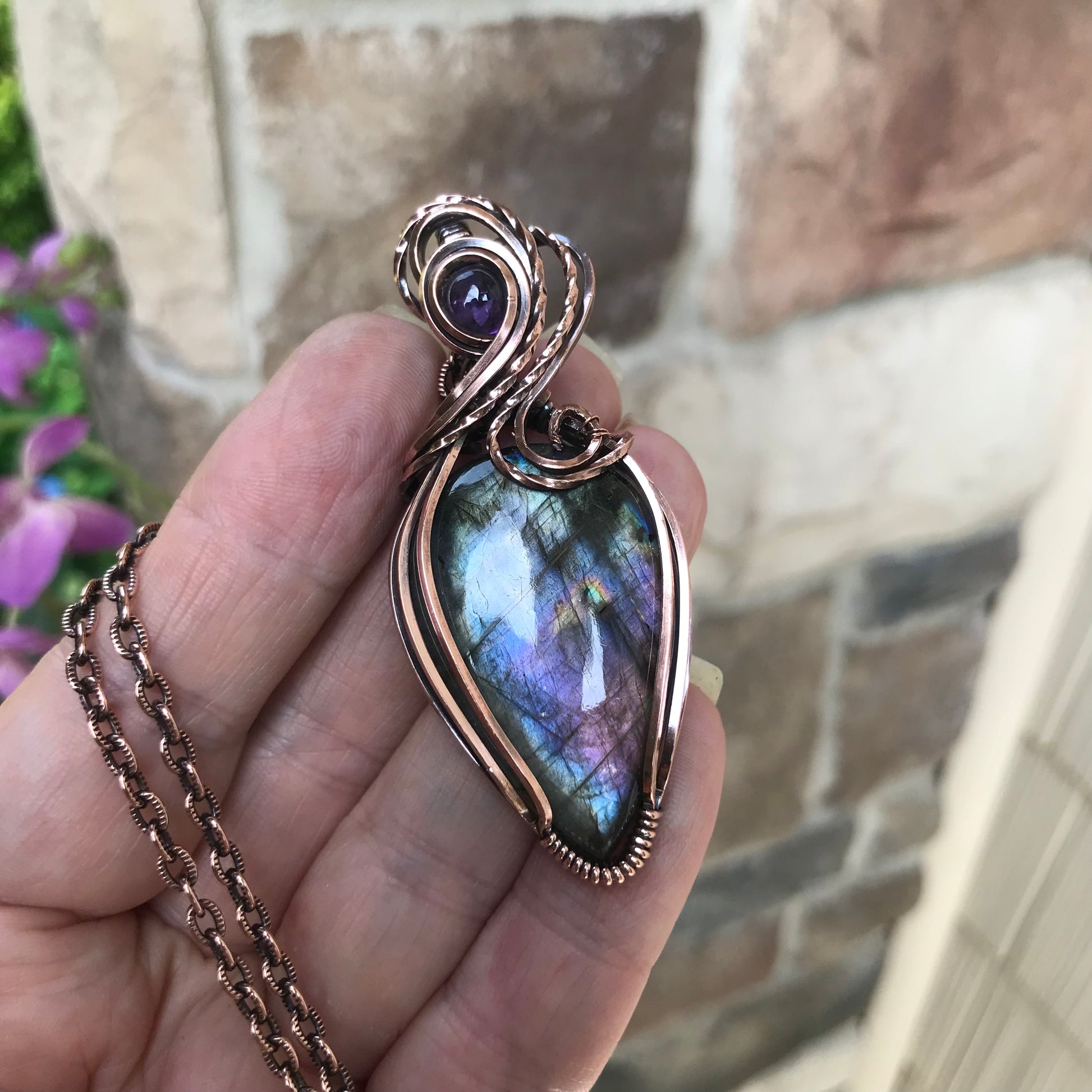 Blue Purple Labradorite & Amethyst Large Copper Pendant