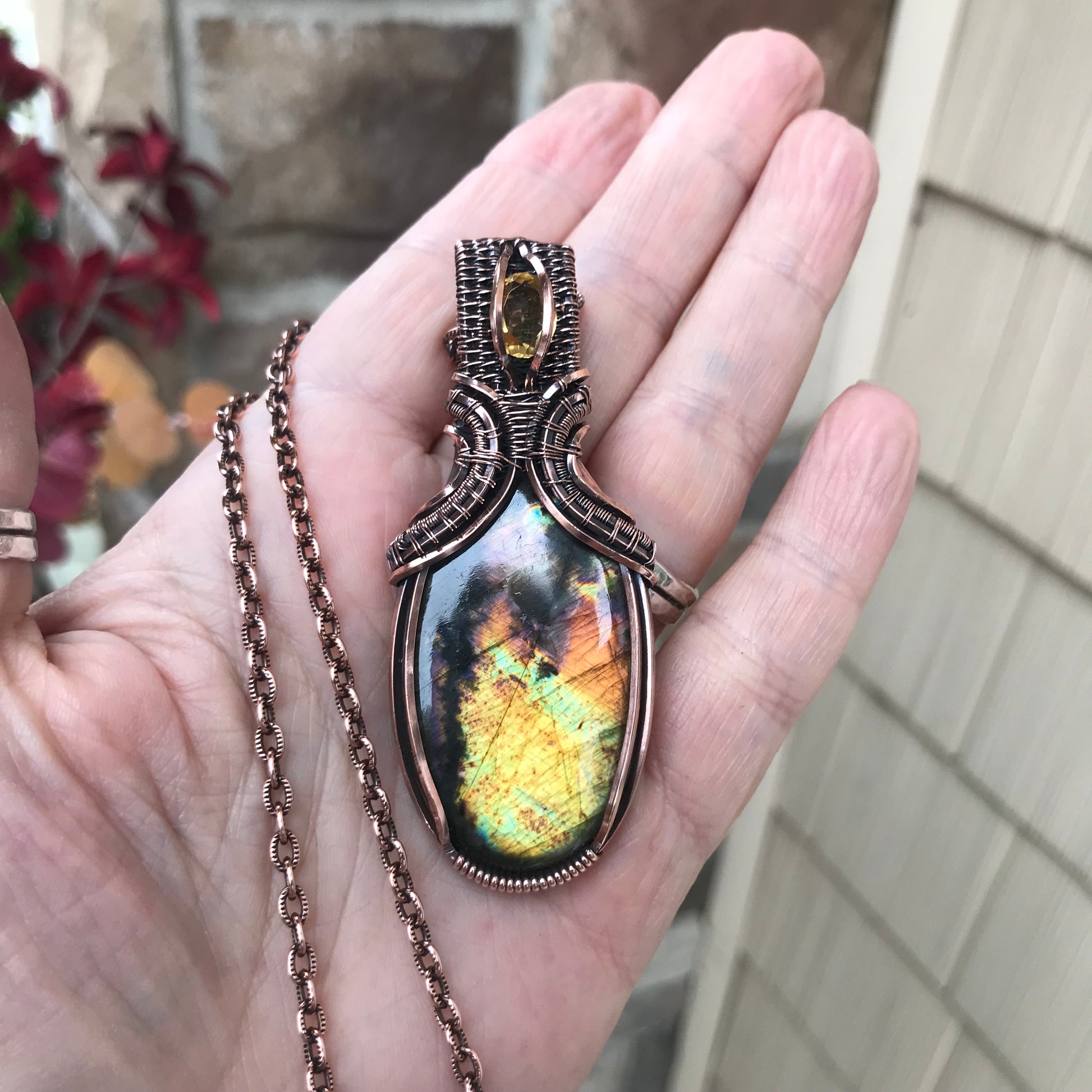 Yellow Orange Black Labradorite & Citrine Copper Pendant
