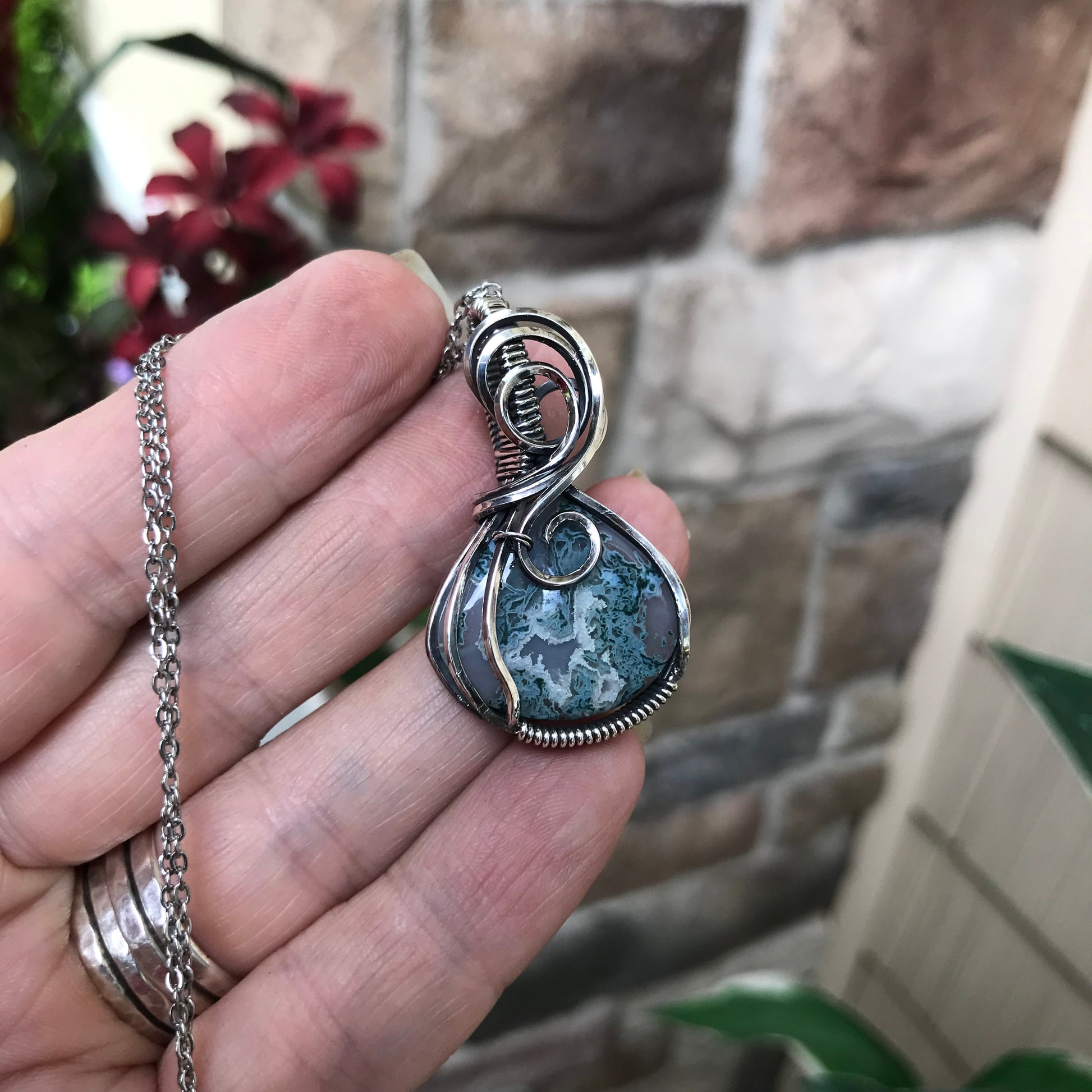 Teal Moss Agate  Sterling Silver Necklace